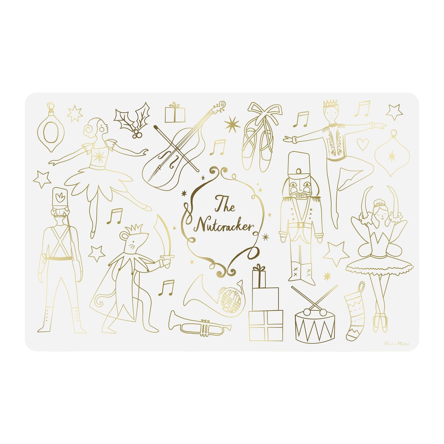 Decorative mat with gold illustrations of 'The Nutcracker' characters on a white background