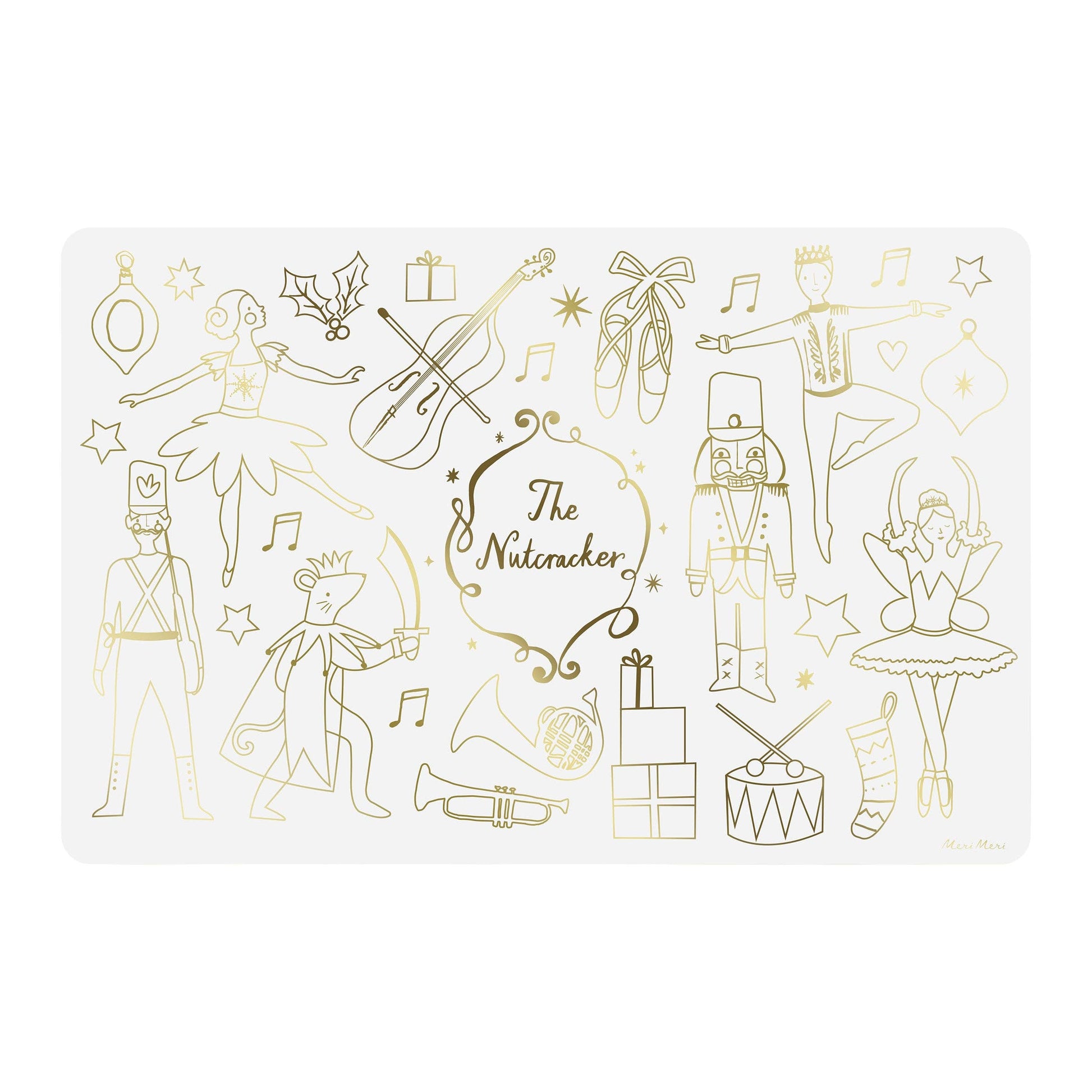Decorative mat with gold illustrations of 'The Nutcracker' characters on a white background