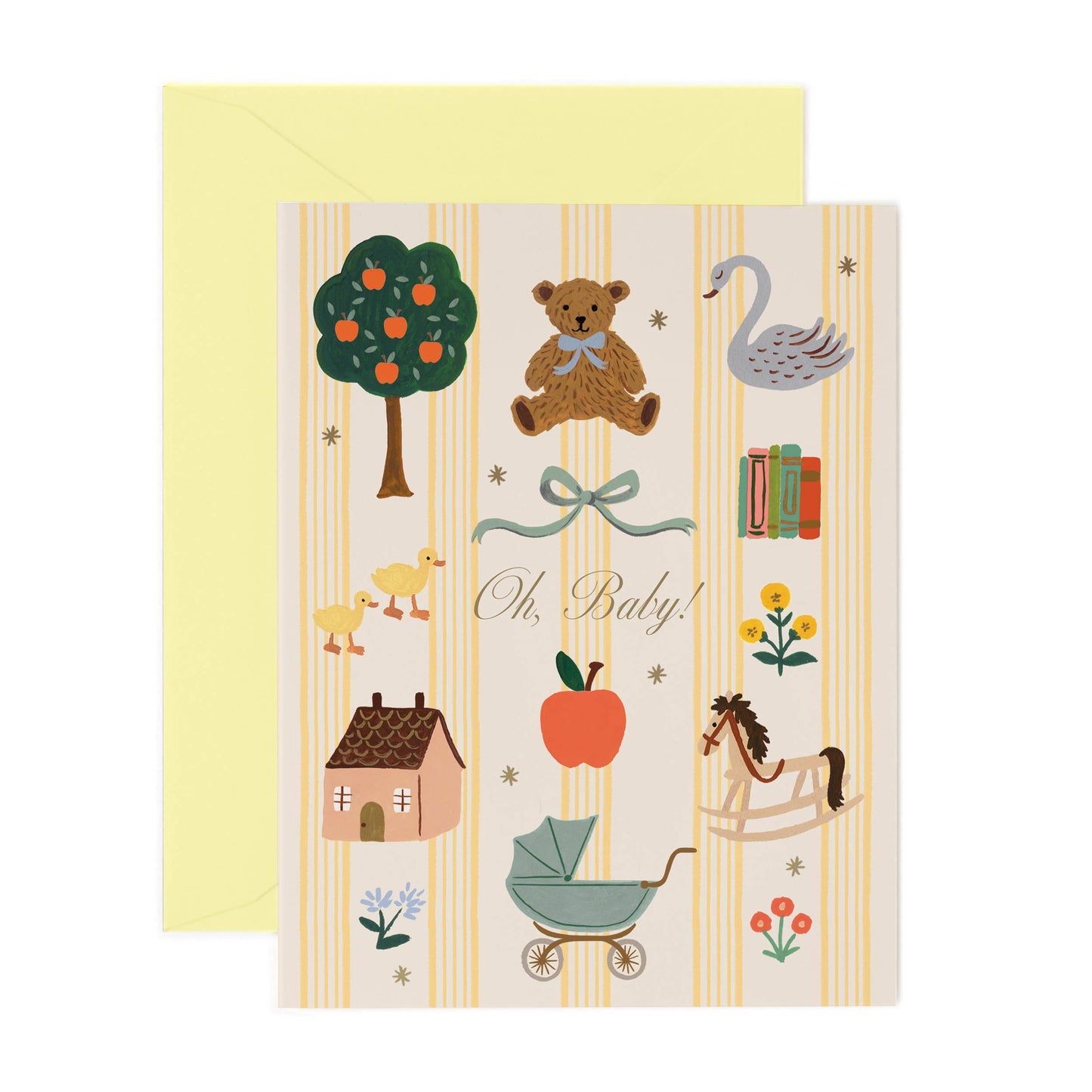 Baby shower card with illustrations of a teddy bear, swan, books, and other elements on a striped background.