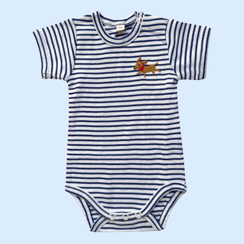 Blue and white striped baby onesie with a dog design on a light blue background