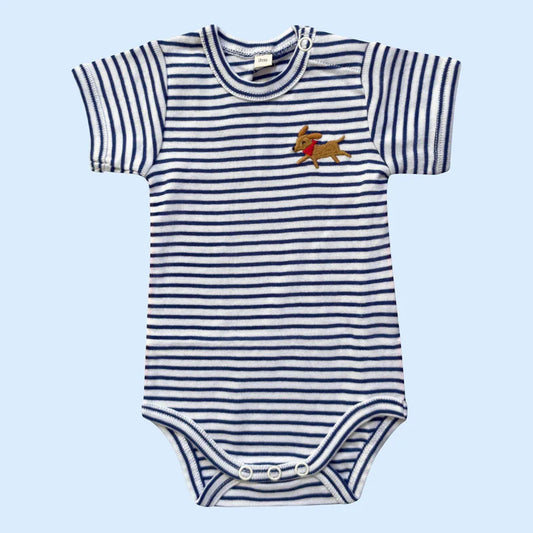 Blue and white striped baby onesie with a dog design on a light blue background