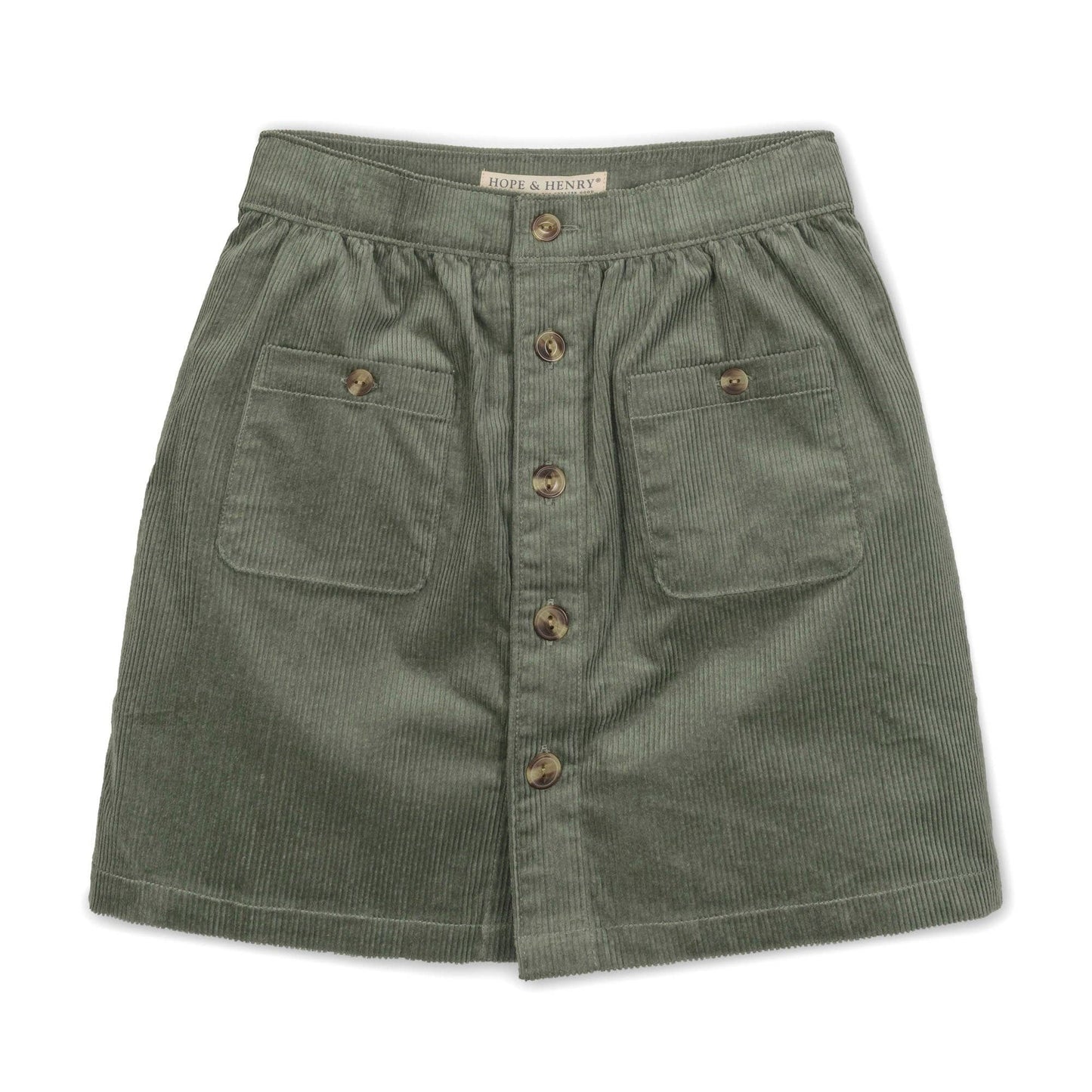 Green skirt with button details on a white background