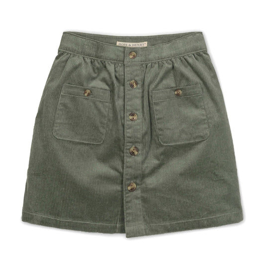 Green skirt with button details on a white background