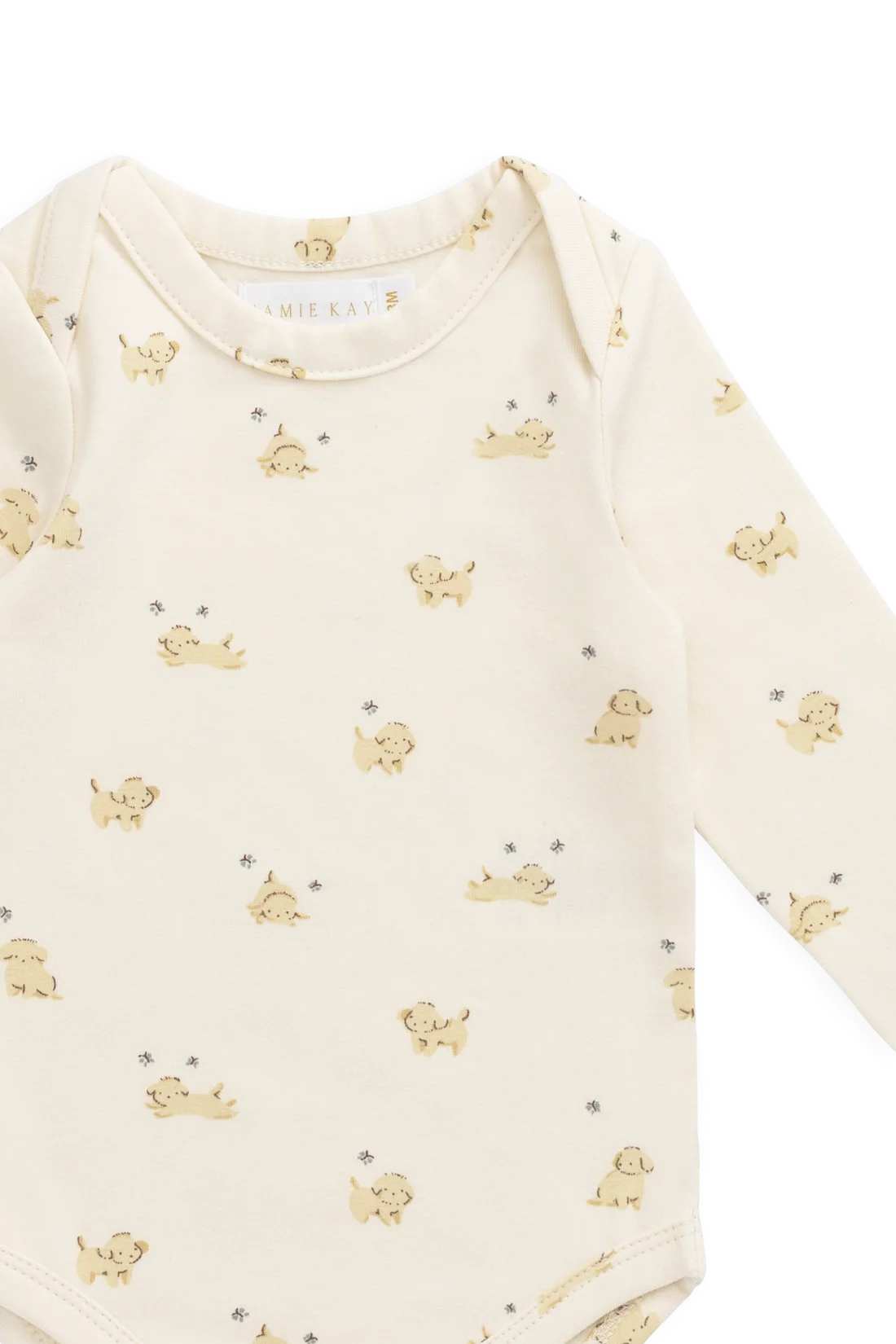 A long-sleeve cream-colored baby bodysuit with a repeating print of small beige cartoon dogs and tiny gray stars. The brand name 'MIEKAK' is visible on the inner neck label.