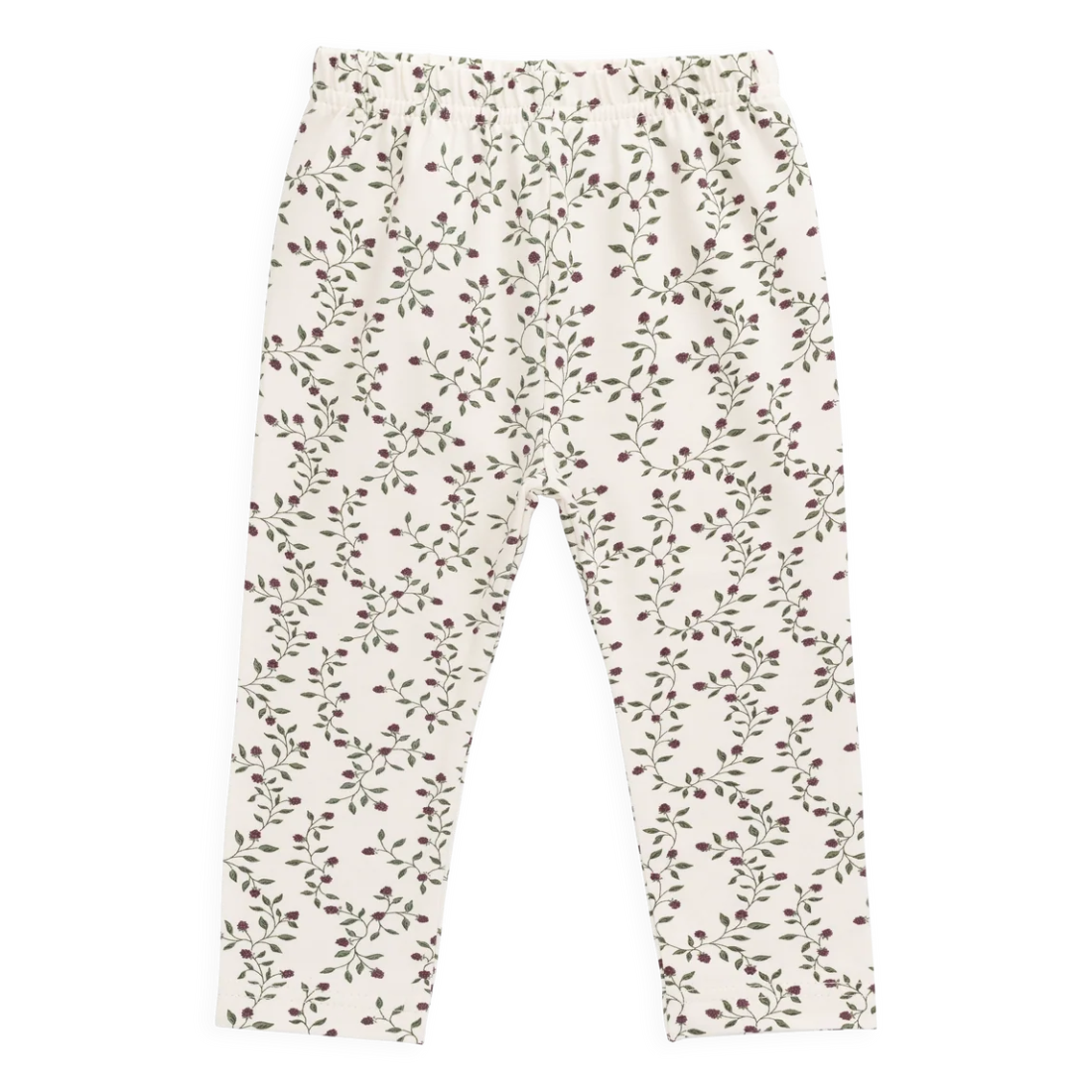 A pair of cream-colored pants with an all-over small green and brown leafy vine pattern, displayed flat against a solid white background.