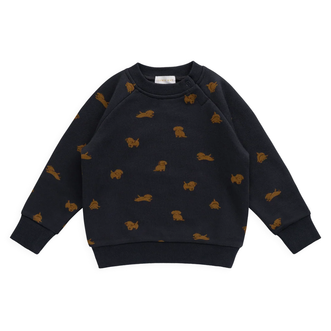 A dark navy blue crewneck sweatshirt with a repeating pattern of small brown dog silhouettes, laid flat on a white background.