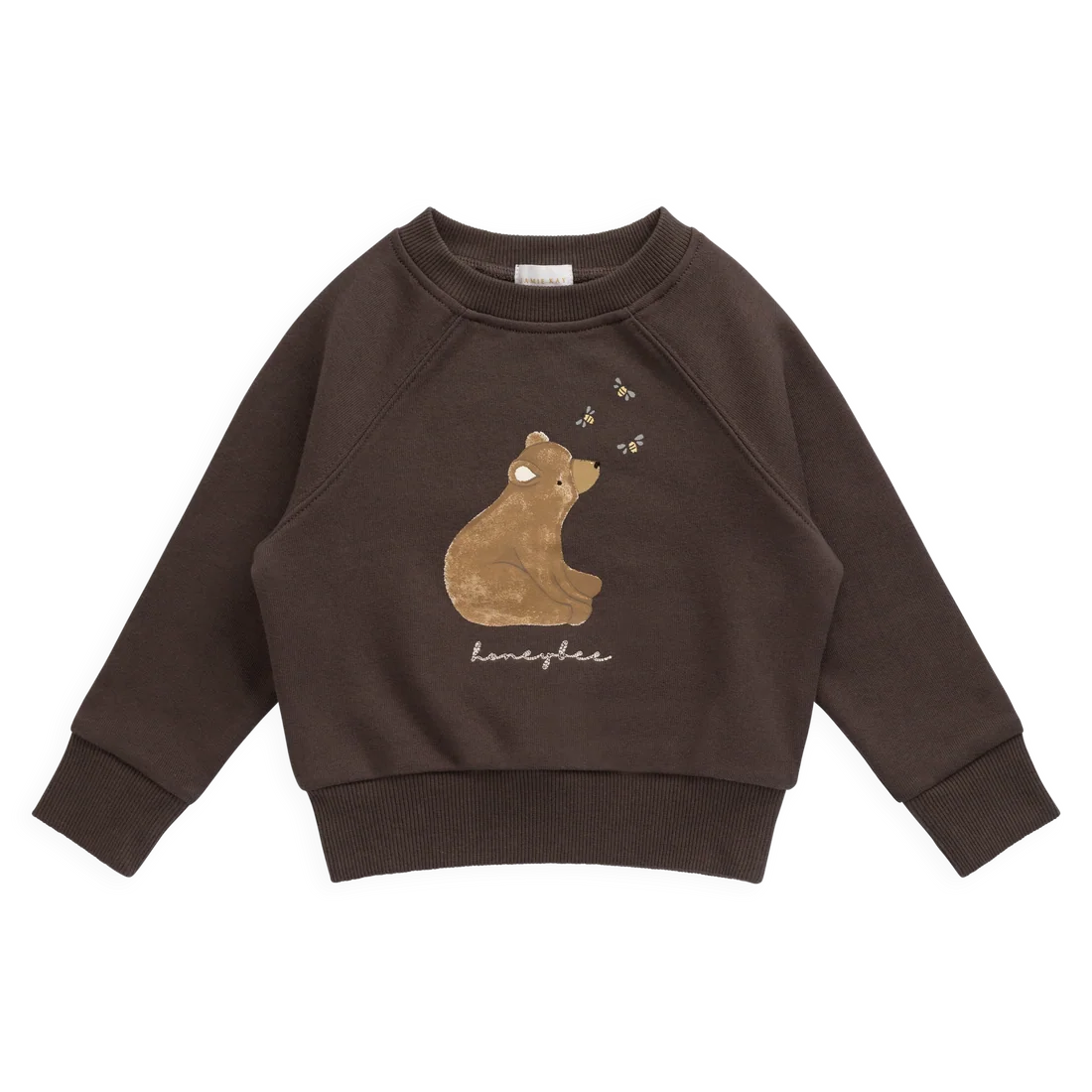 A dark brown long-sleeve sweatshirt for children, featuring a graphic of a sleeping bear with small butterflies and the brand name 'lengde' printed below it, displayed on a clean white background.
