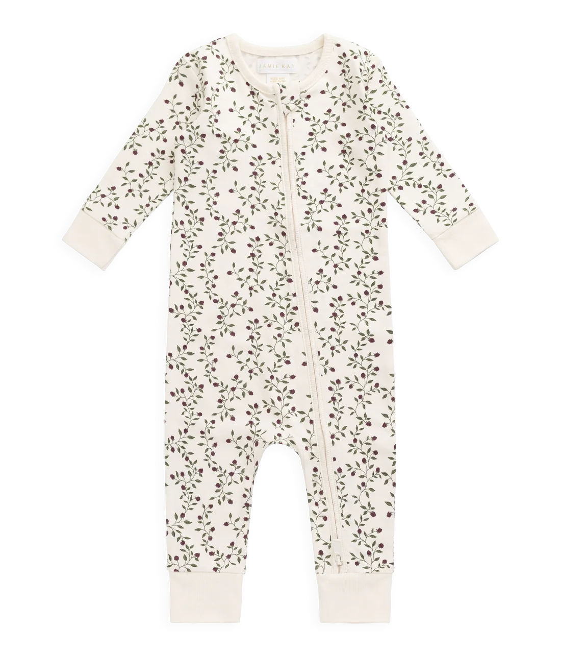 An off-white long-sleeve baby jumpsuit with a small green and brown leafy floral pattern, featuring a front zipper and ribbed cuffs and hem.