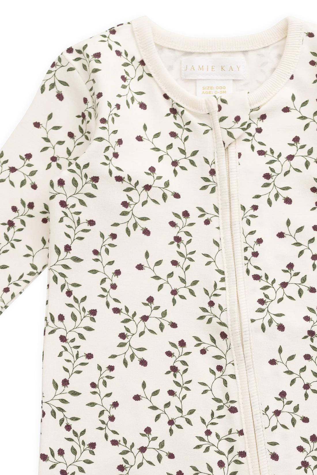 Close-up of a baby zip-front sleeper by Jamie Kay, featuring an off-white base with a delicate green leaf and burgundy floral vine pattern.