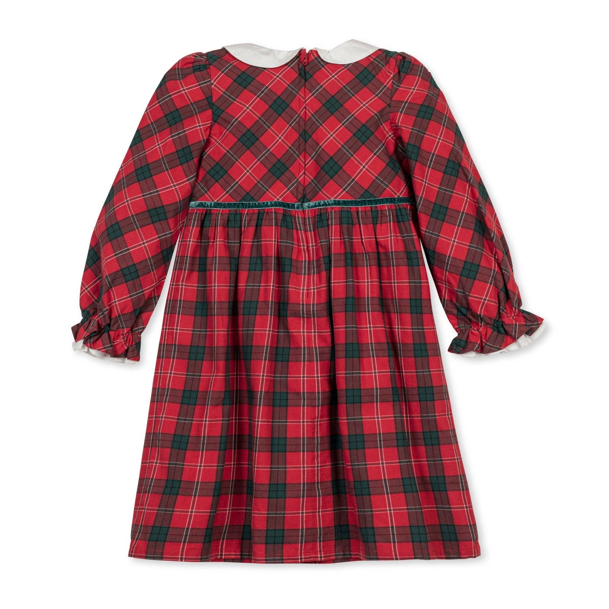 Red and green plaid dress with long sleeves on a white background