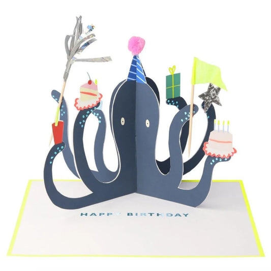 Pop-up birthday card with whale design and party elements on a white background