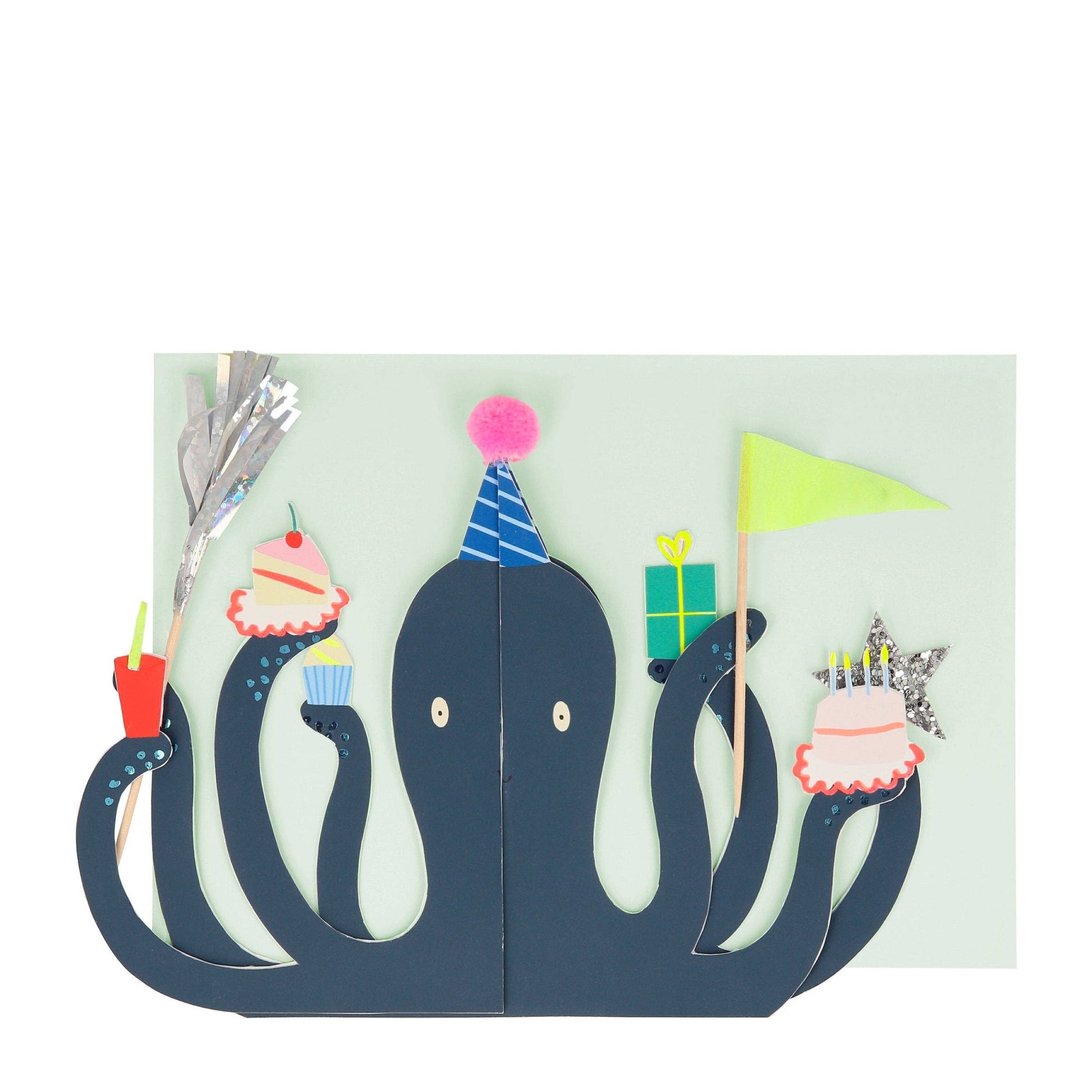 Illustration of a whale with party accessories on a light green background