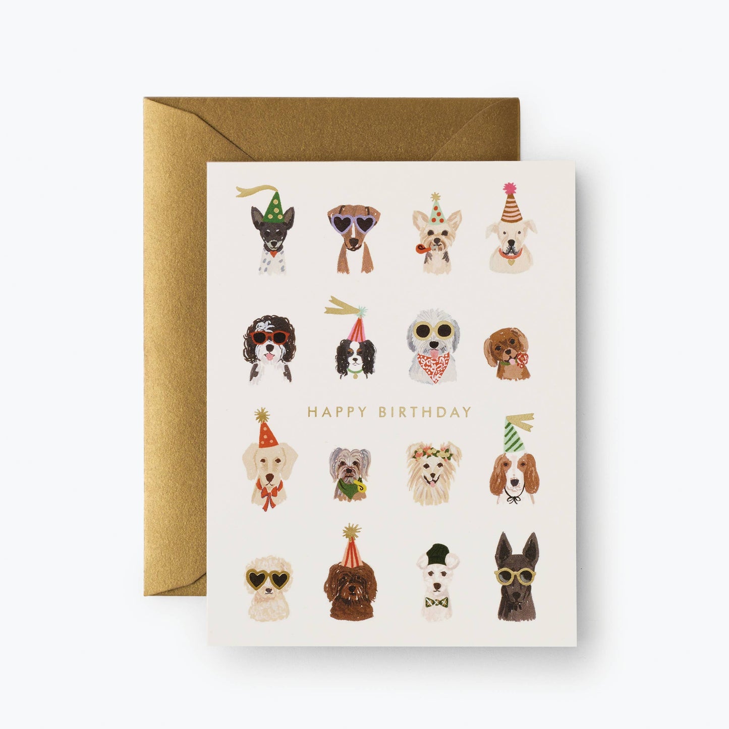 Greeting card with illustrations of dogs wearing birthday hats and accessories on a white background.