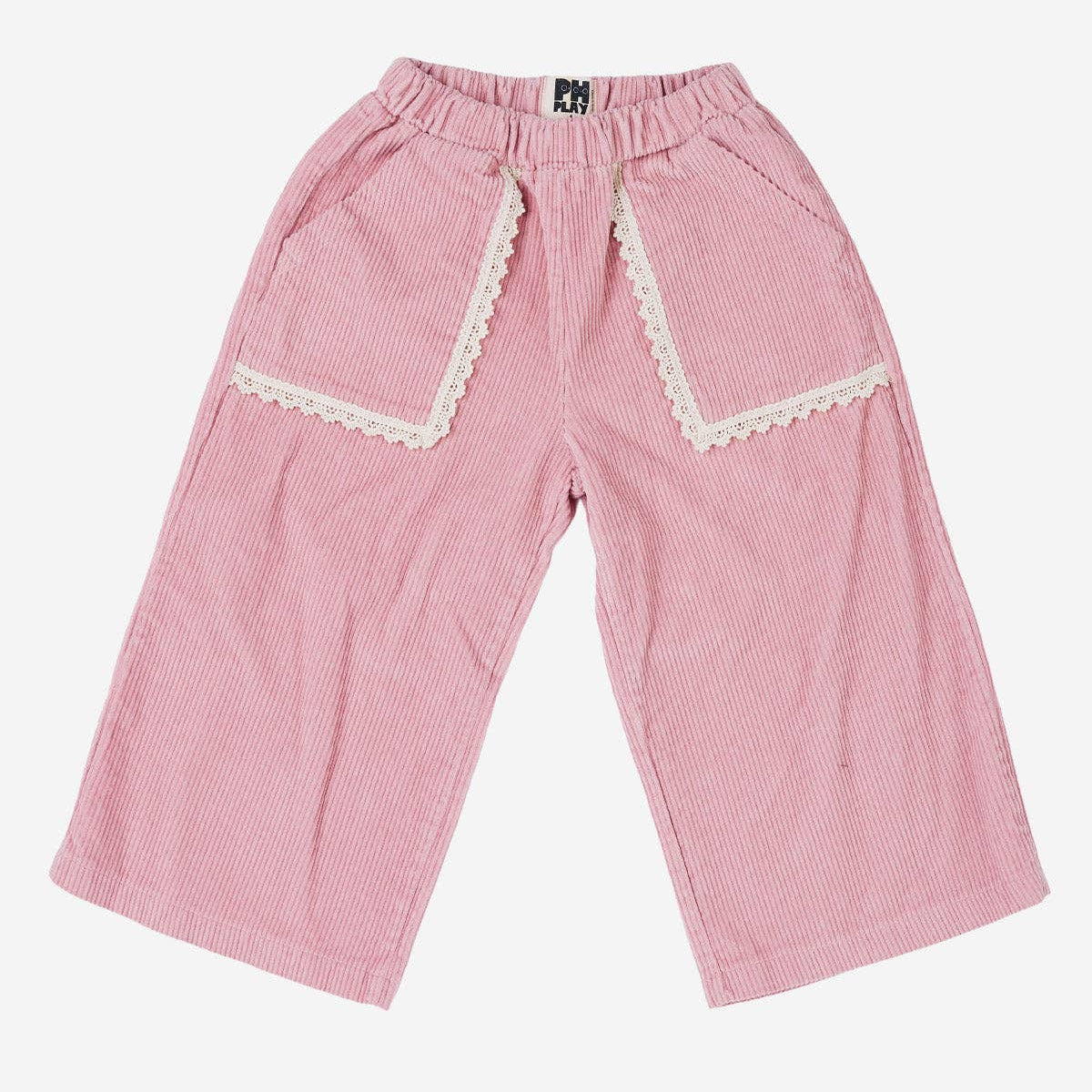Pink pinstriped cropped pants with decorative cream lace trim along the pocket edges, featuring an elastic waistband.
