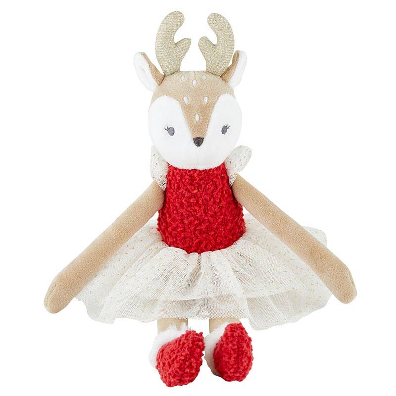 Toy deer with a red sweater and white skirt on a white background