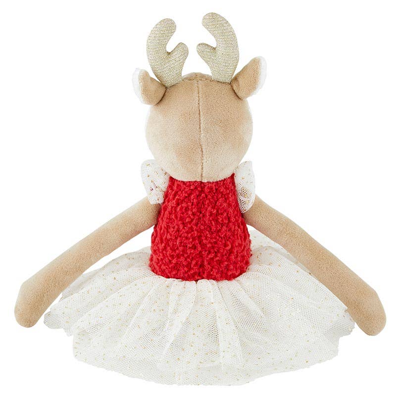 Plush reindeer toy with a red sweater and white skirt on a white background
