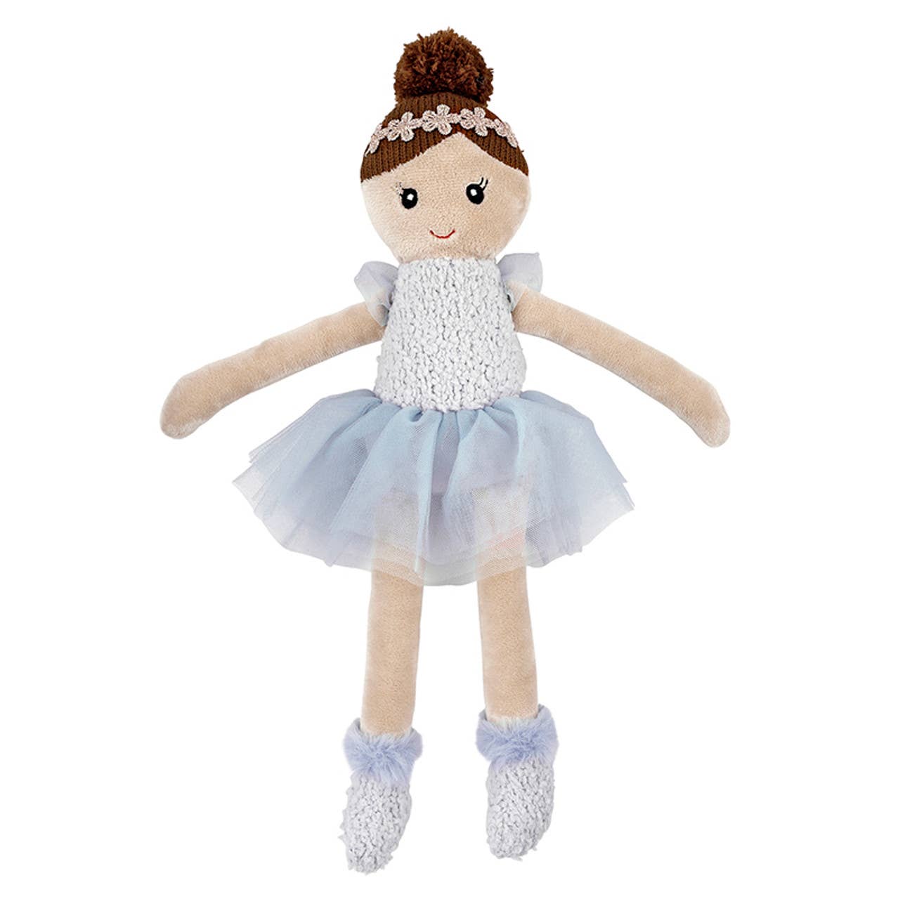 Plush toy ballerina doll with a blue tutu and white shoes on a white background