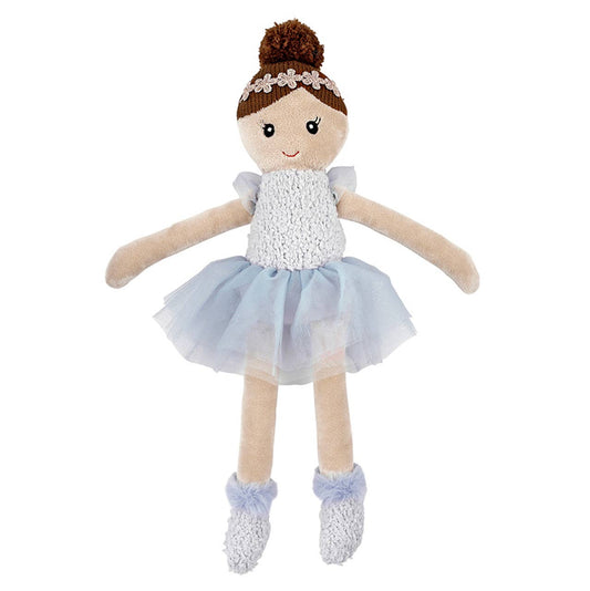 Plush toy ballerina doll with a blue tutu and white shoes on a white background