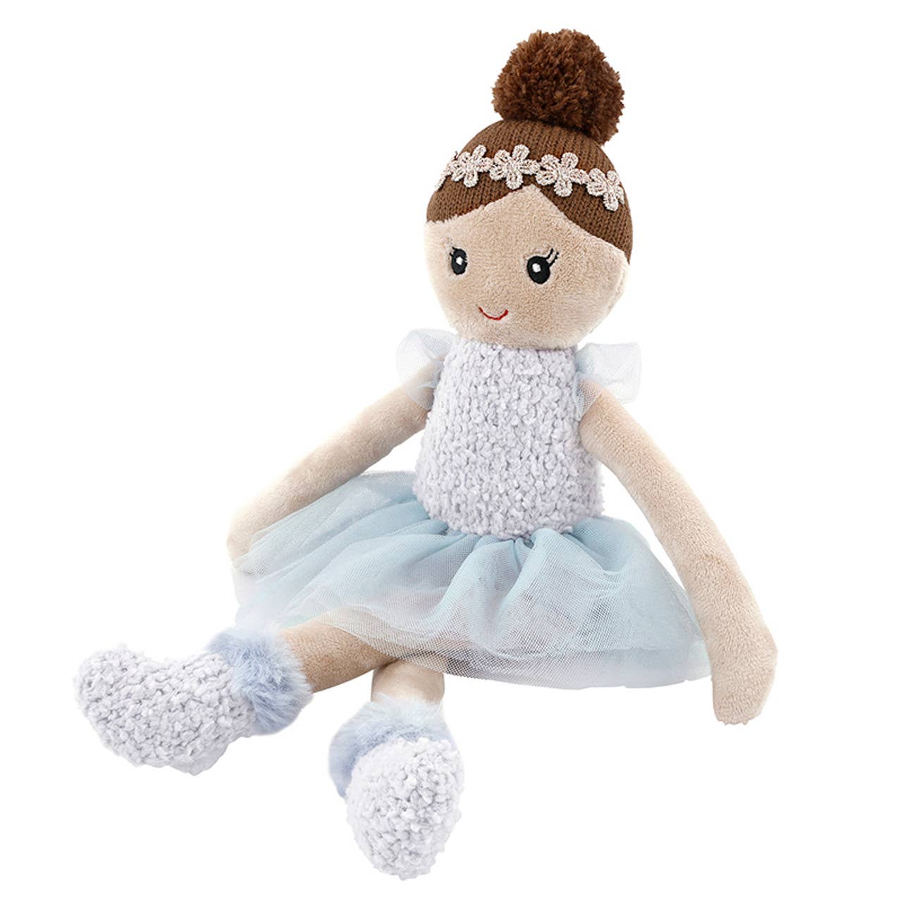 Plush toy doll with brown hair, white top, and light blue skirt on a white background