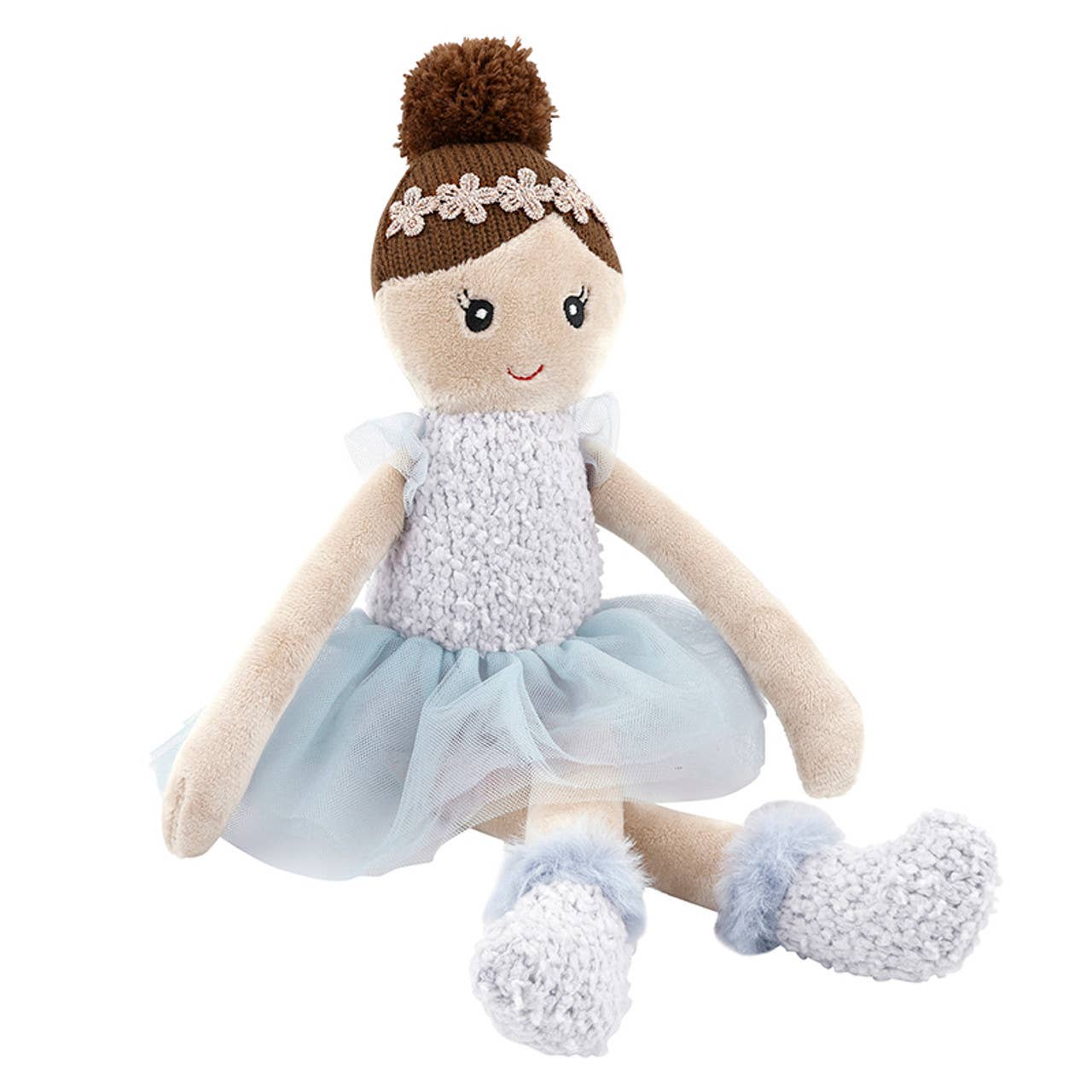 Toy doll with a brown hat, white top, and blue skirt on a white background