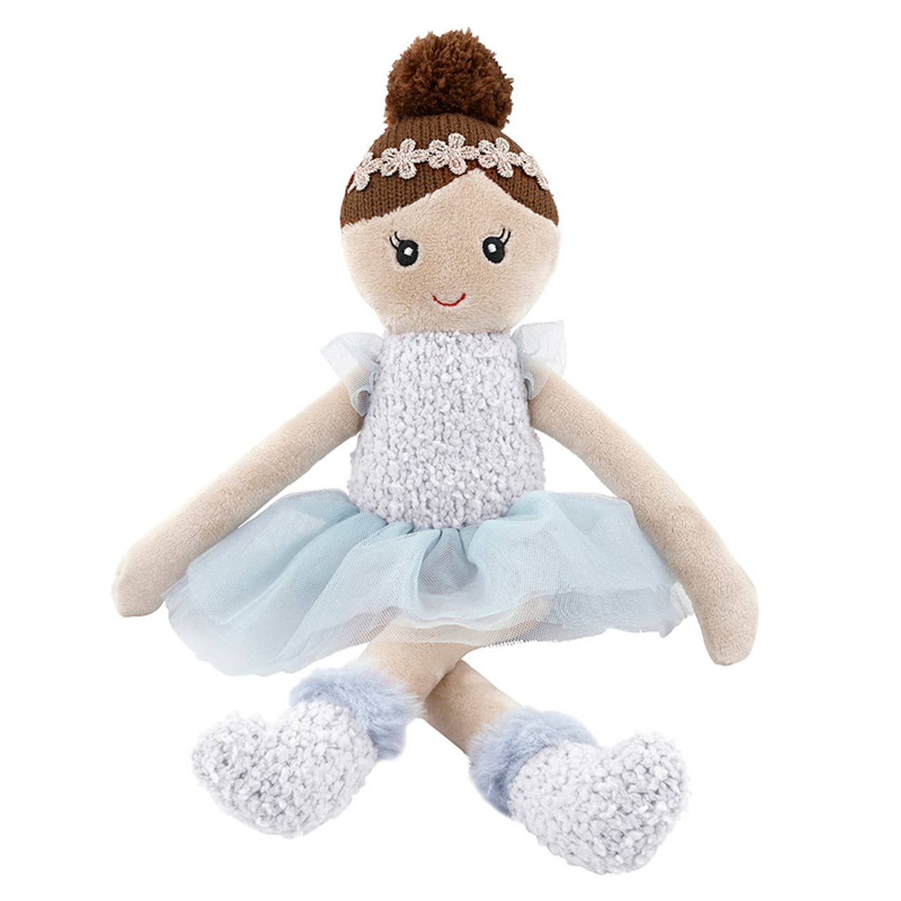 Toy doll with a textured dress and brown hair on a white background