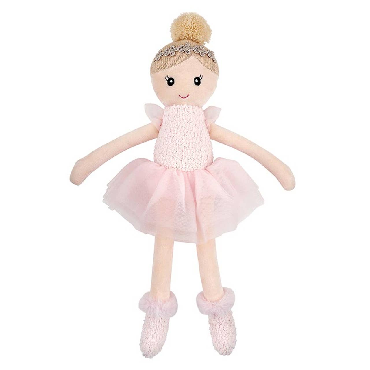 Plush doll in a pink outfit with a tutu on a white background