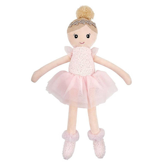 Plush doll in a pink outfit with a tutu on a white background