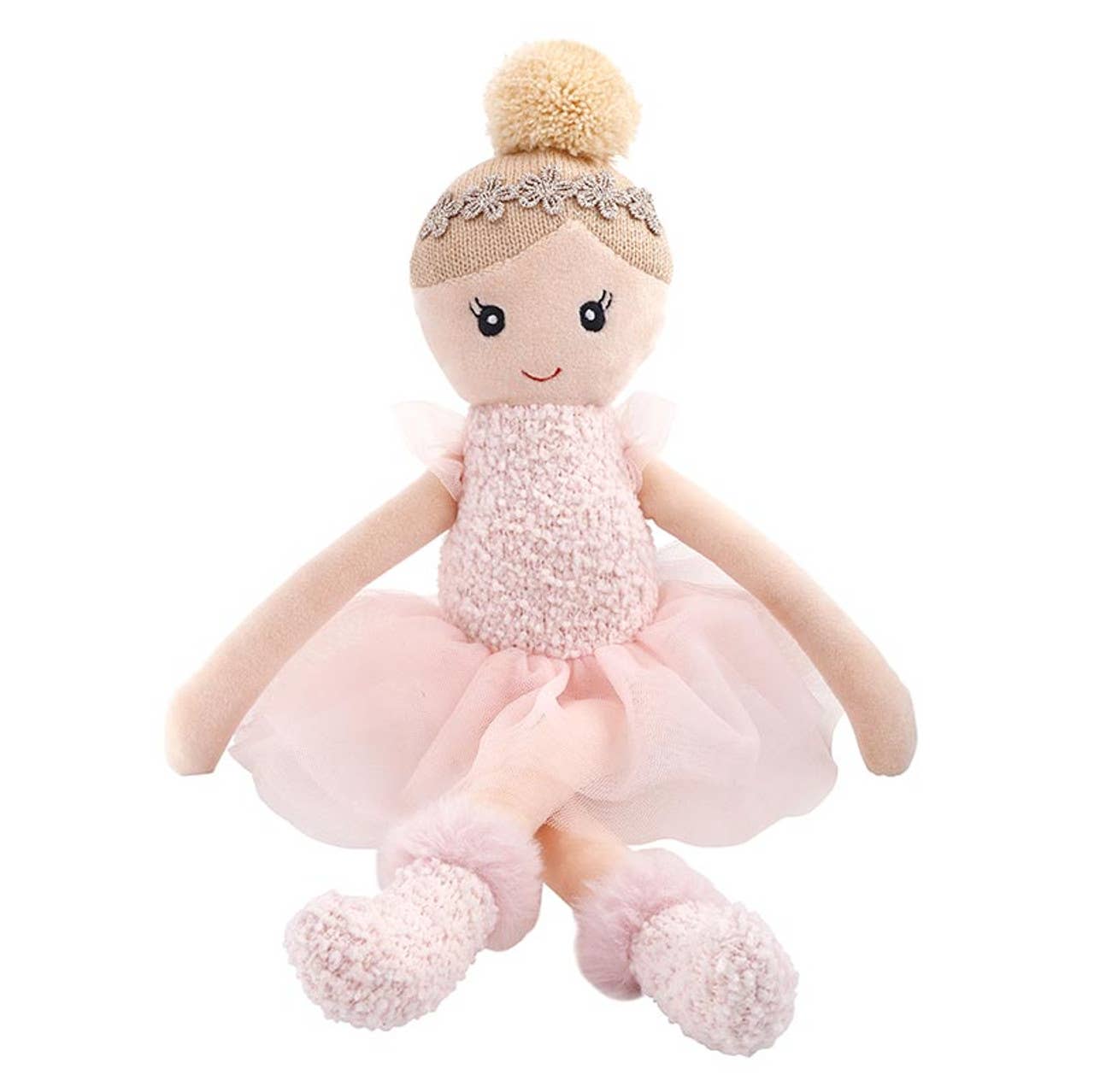 Plush toy ballerina doll with a pink outfit and decorative headband on a white background