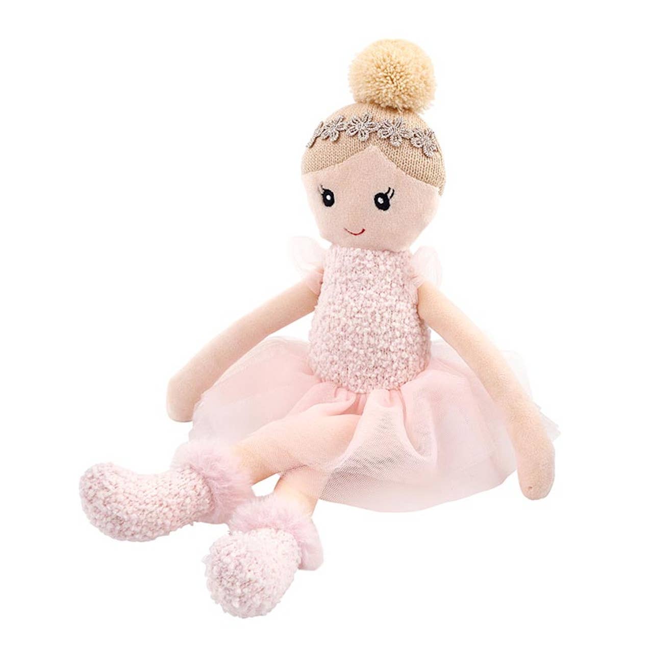 Plush toy doll in a pink dress with a decorative headband on a white background