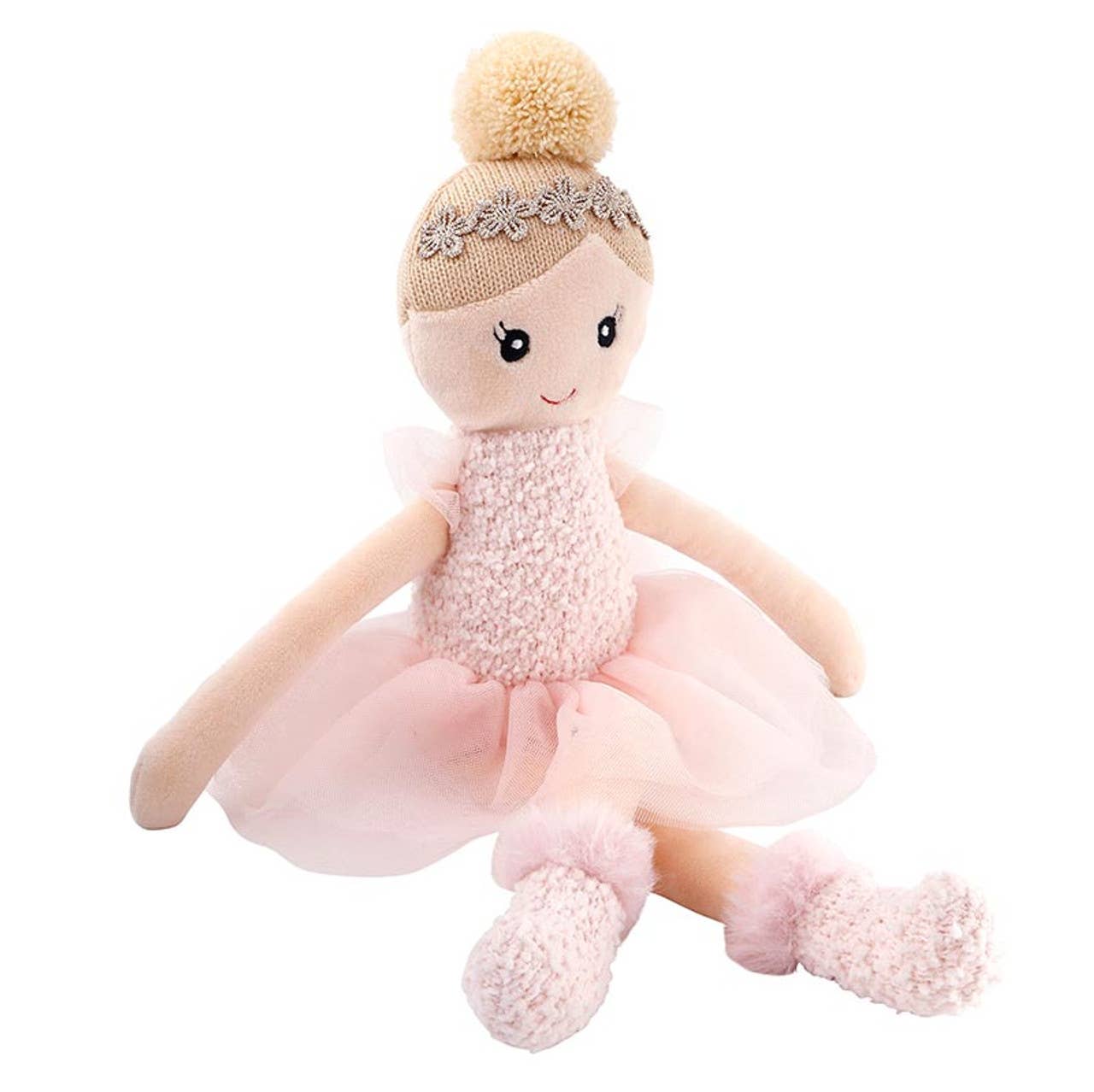 Plush toy doll in a pink ballerina outfit with a white background