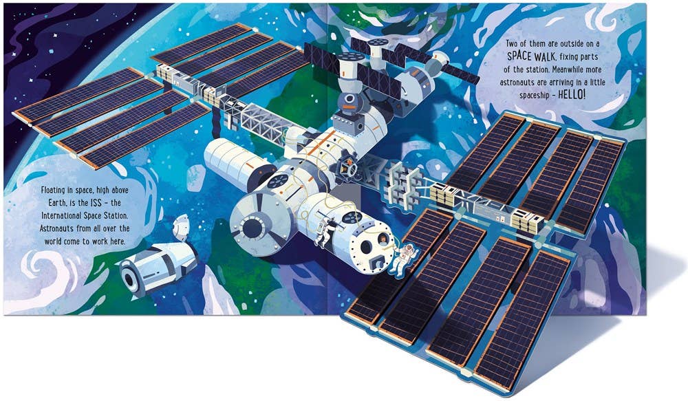 Illustration of a space station with solar panels against a space-themed background