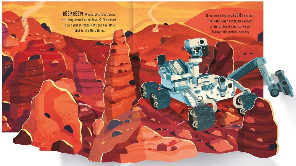 Illustration of a robot on Mars with a desert landscape