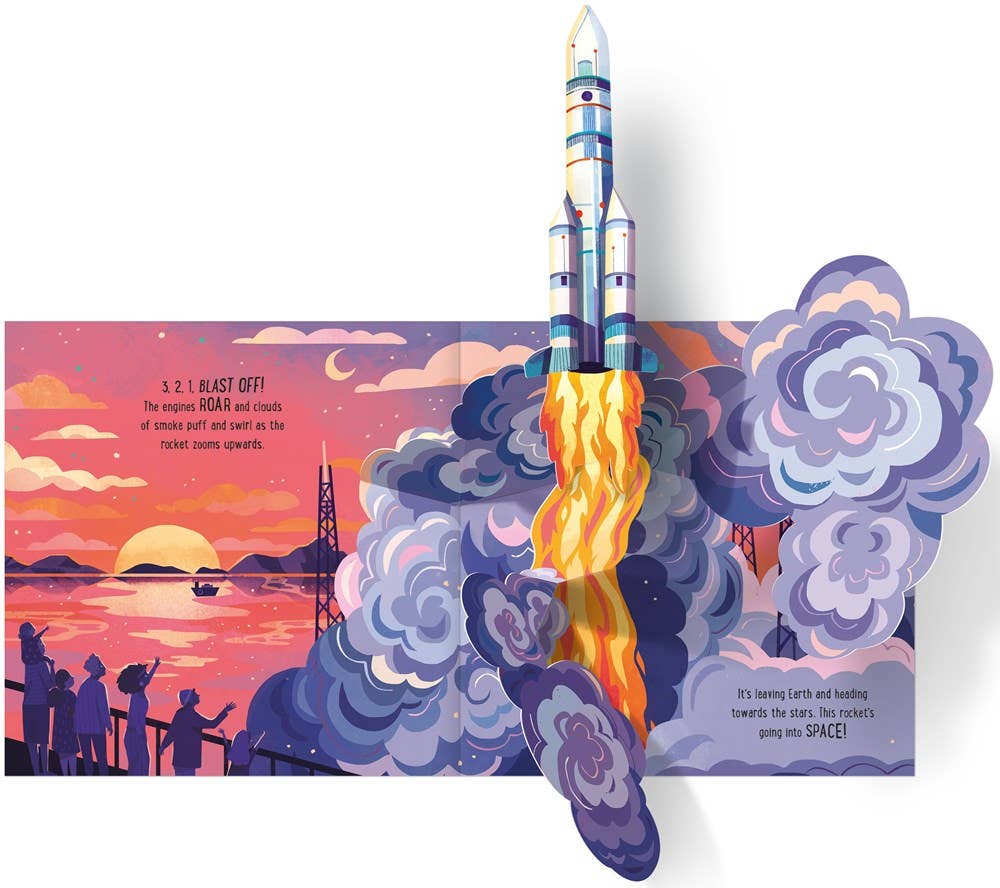 Illustration of a rocket launch with a colorful sky and people watching.