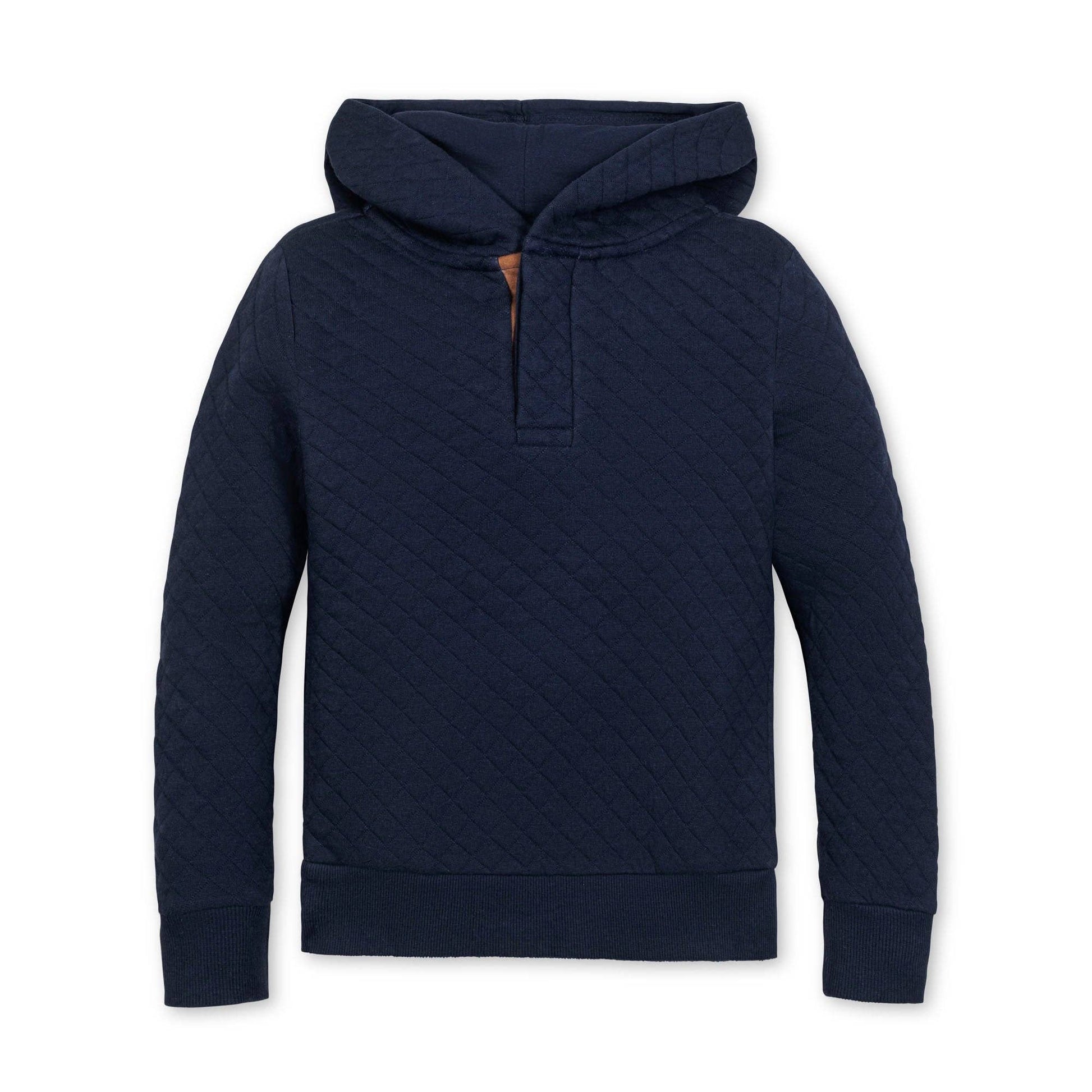 Navy quilted hoodie on a white background