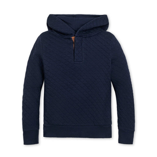 Navy quilted hoodie on a white background