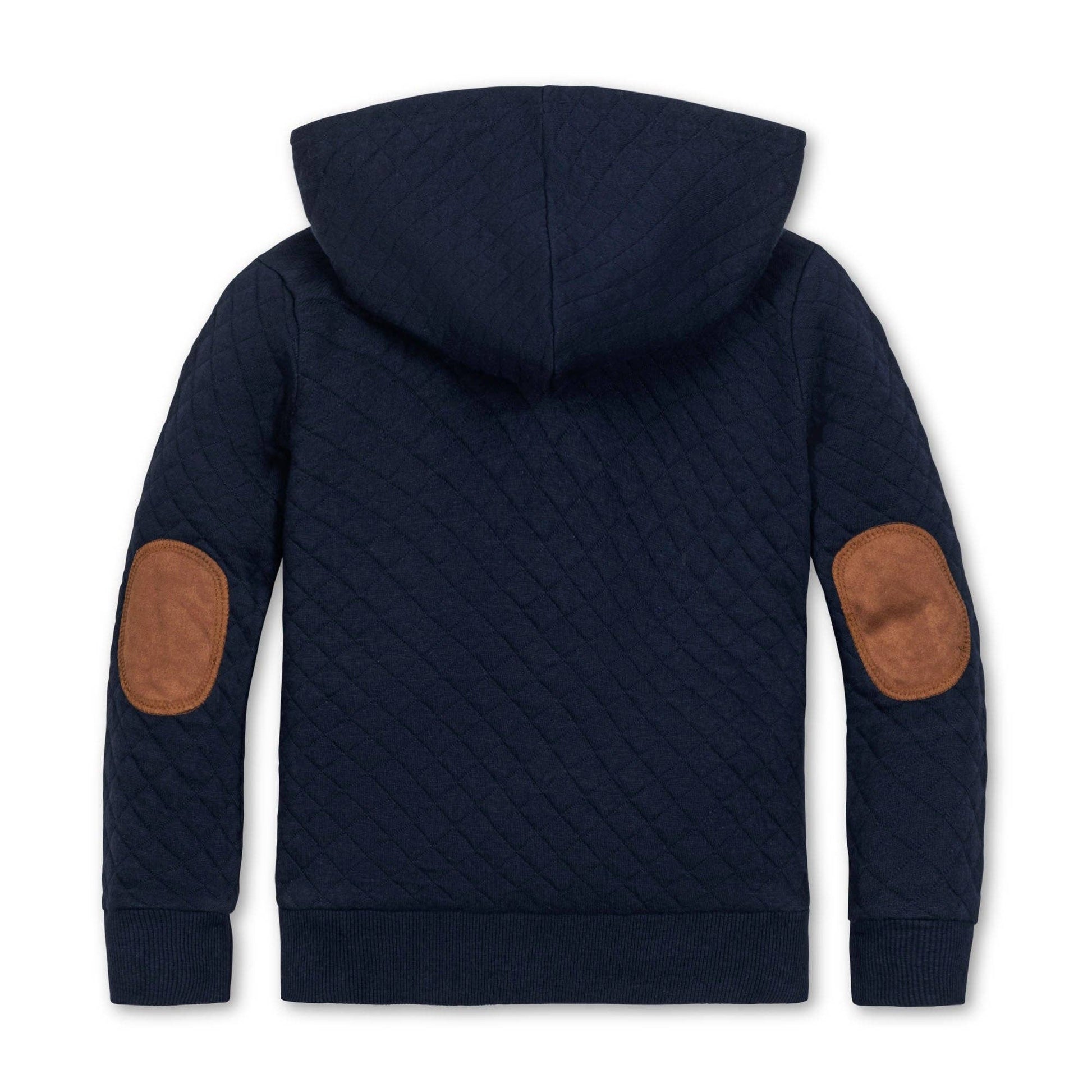 Navy quilted hoodie with brown elbow patches on a white background