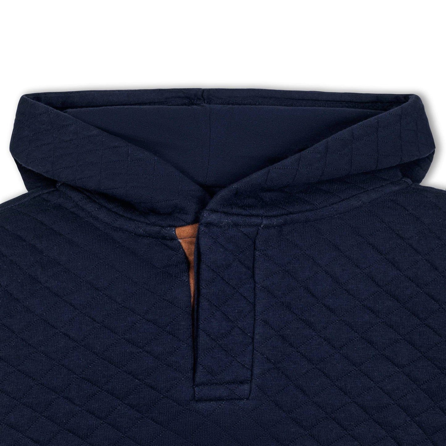 Navy blue quilted jacket with a hood on a white background
