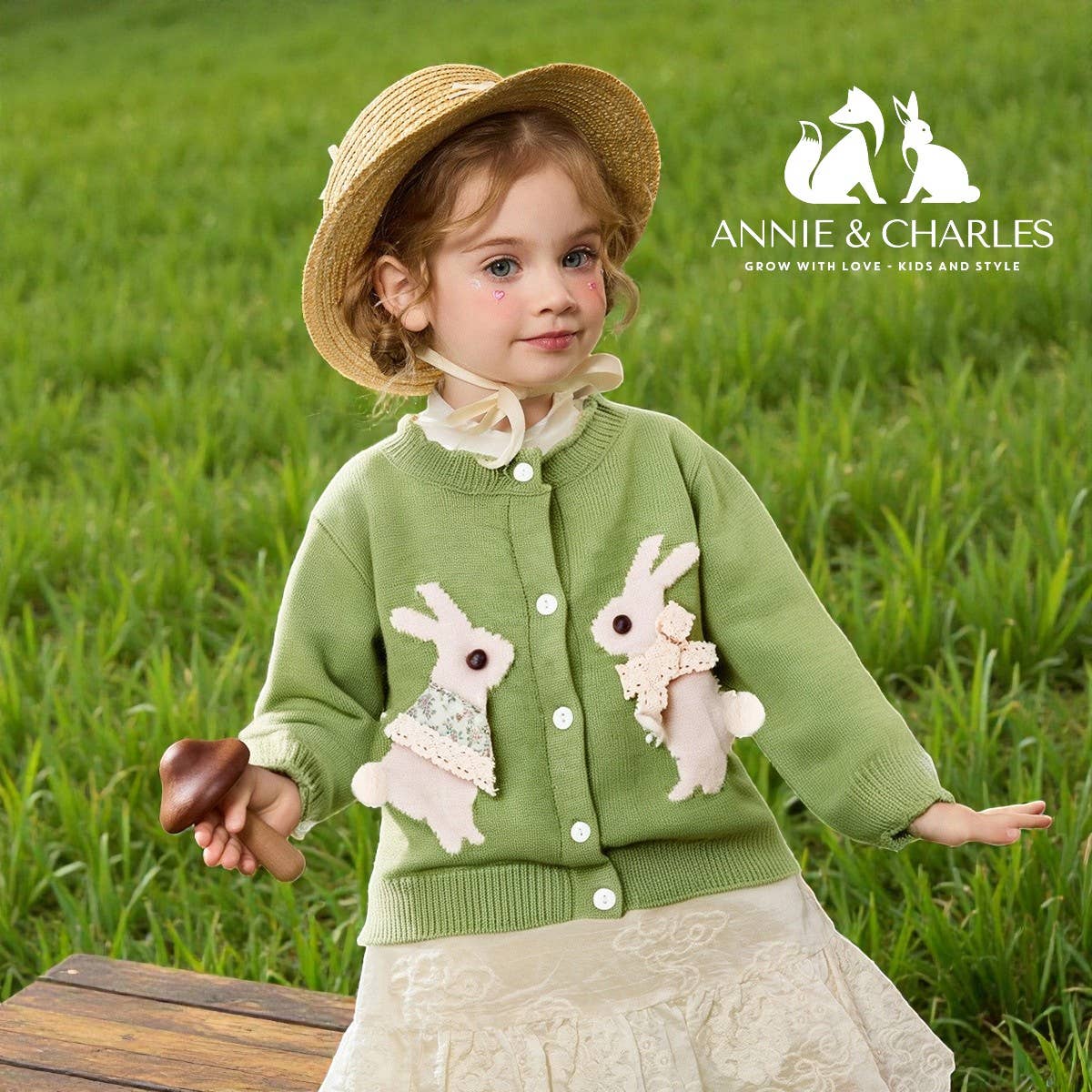 Young girl wearing a green cardigan with bunny designs in a grassy field, with Annie & Charles logo.