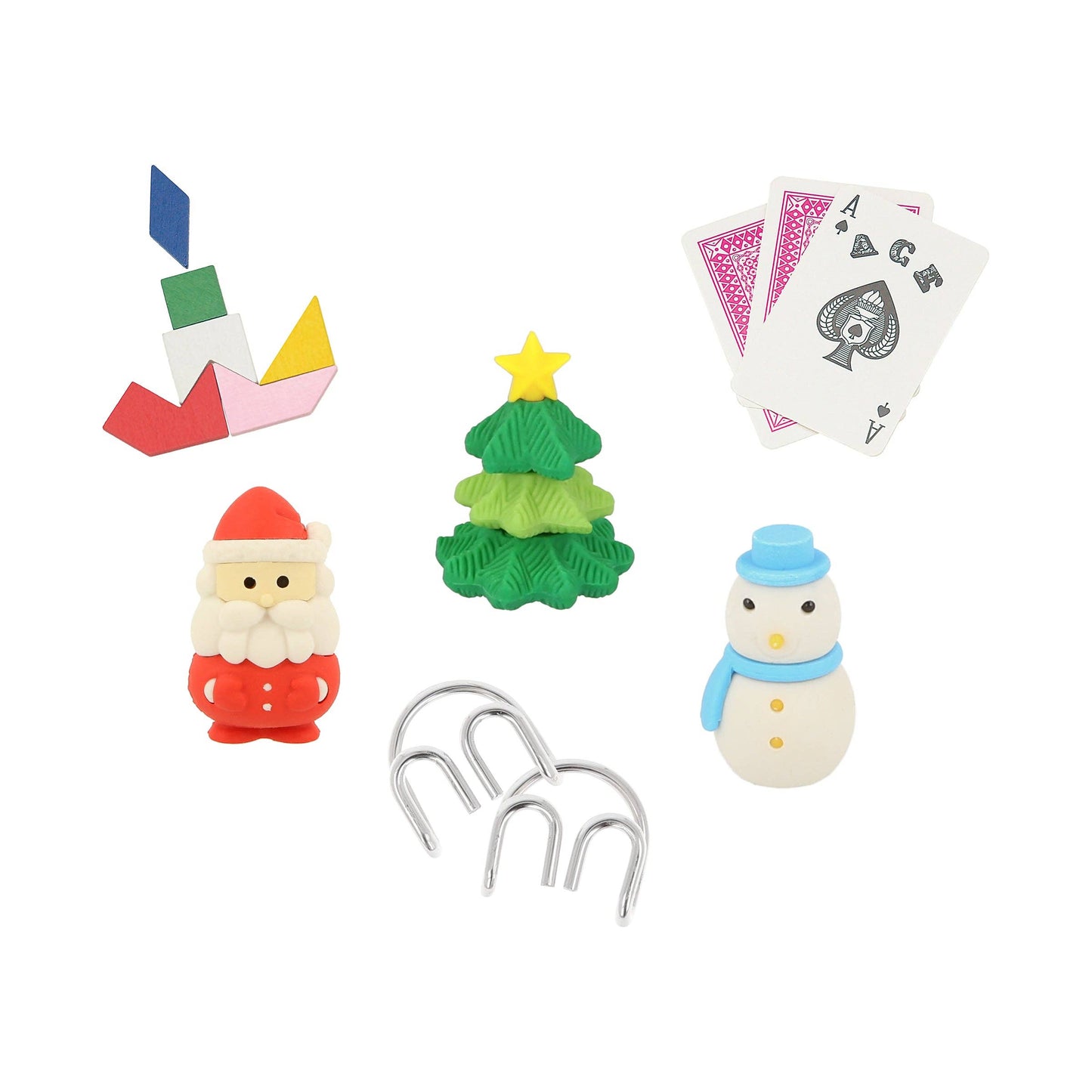 Set of Christmas-themed paper clips and playing card clips on a white background