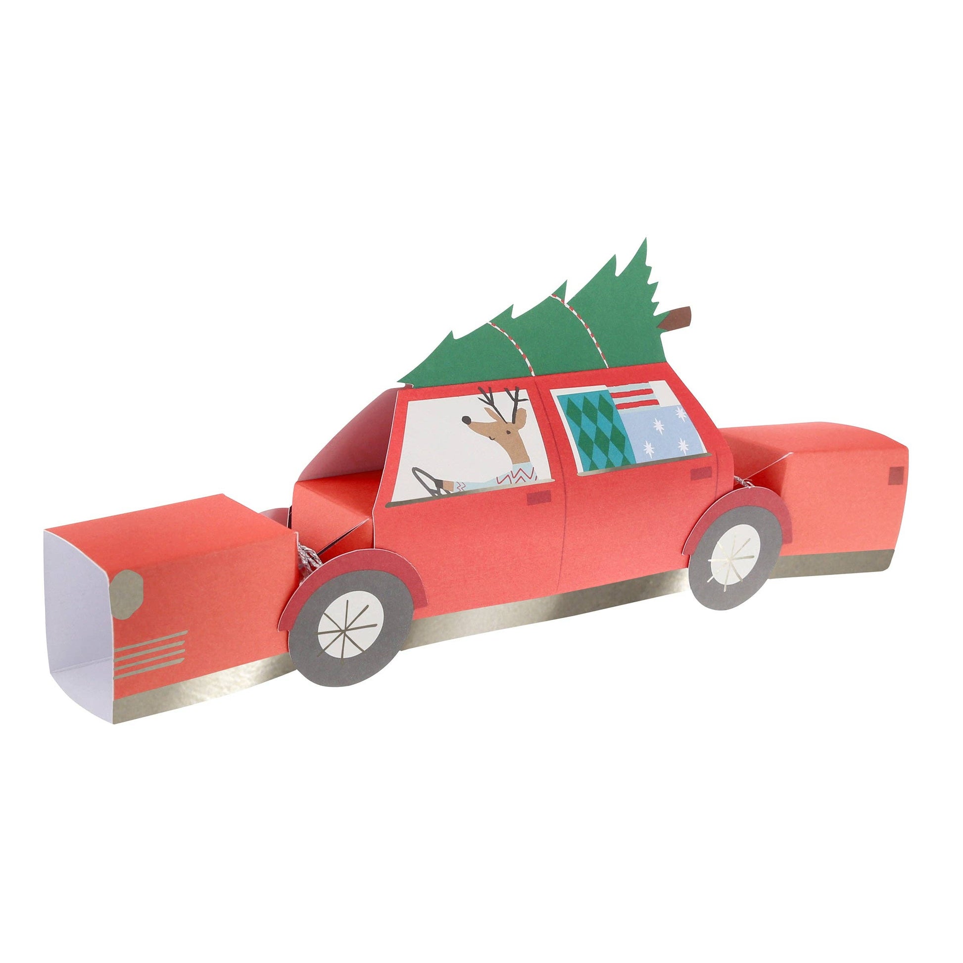 Red paper car with a Christmas tree on a white background