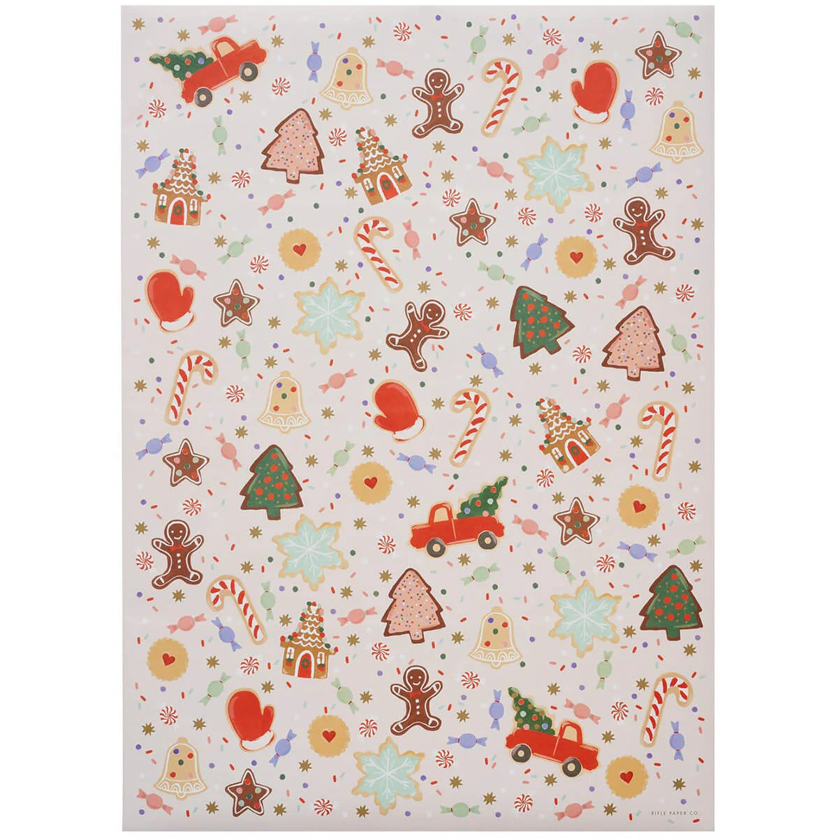 Christmas-themed wrapping paper with various festive illustrations on a white background