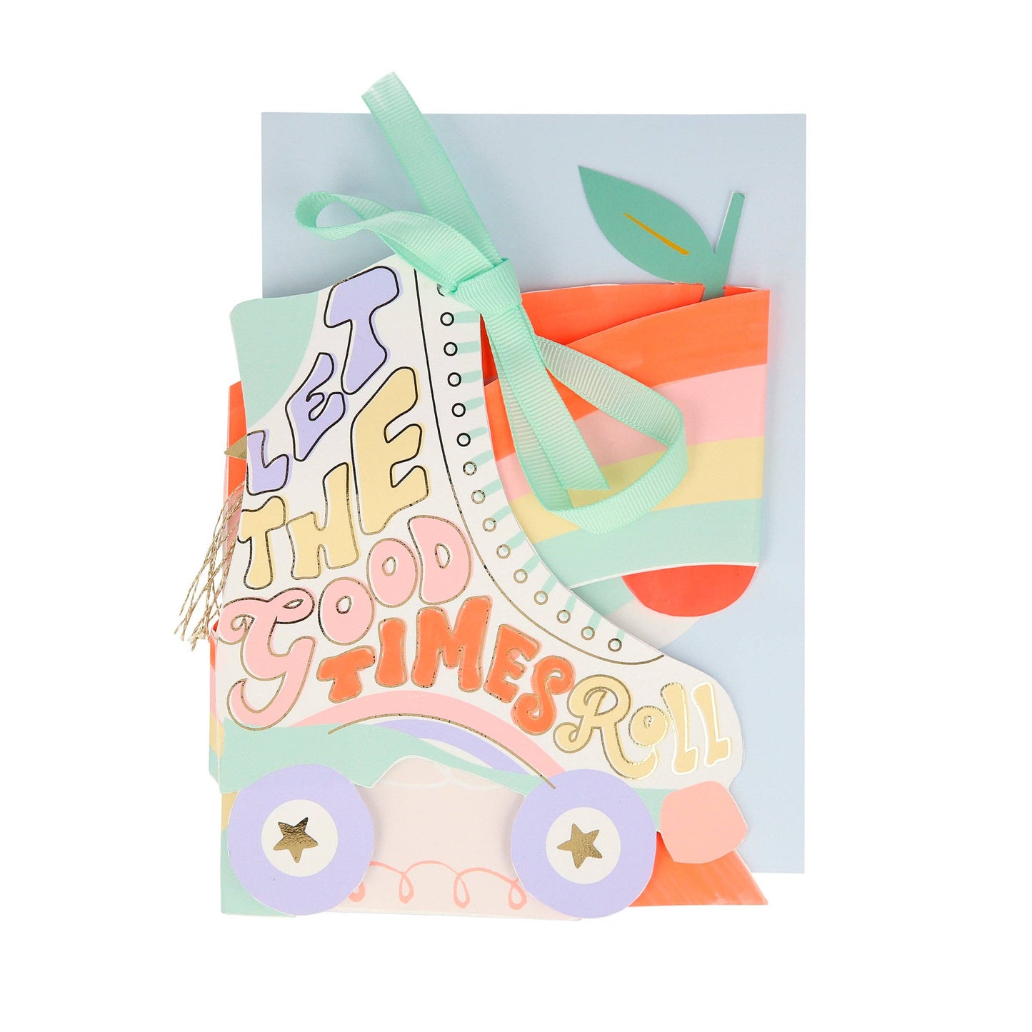 Colorful greeting card with 'Let the Good Times Roll' text and decorative elements on a light blue background.
