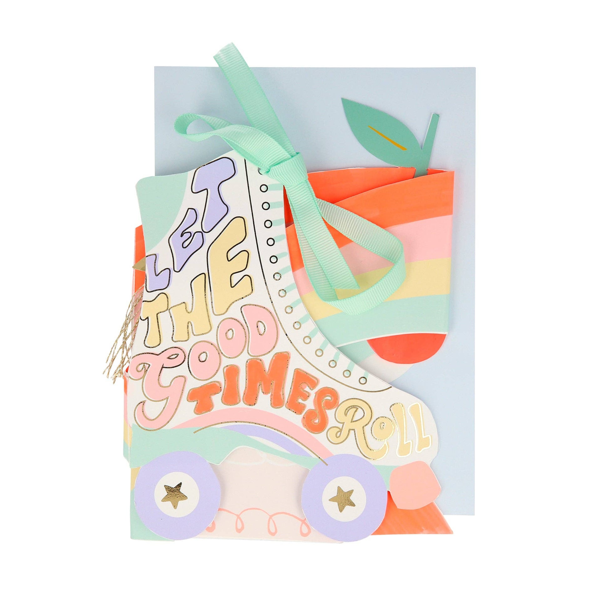 Colorful greeting card with 'Let the Good Times Roll' text and decorative elements on a light blue background.