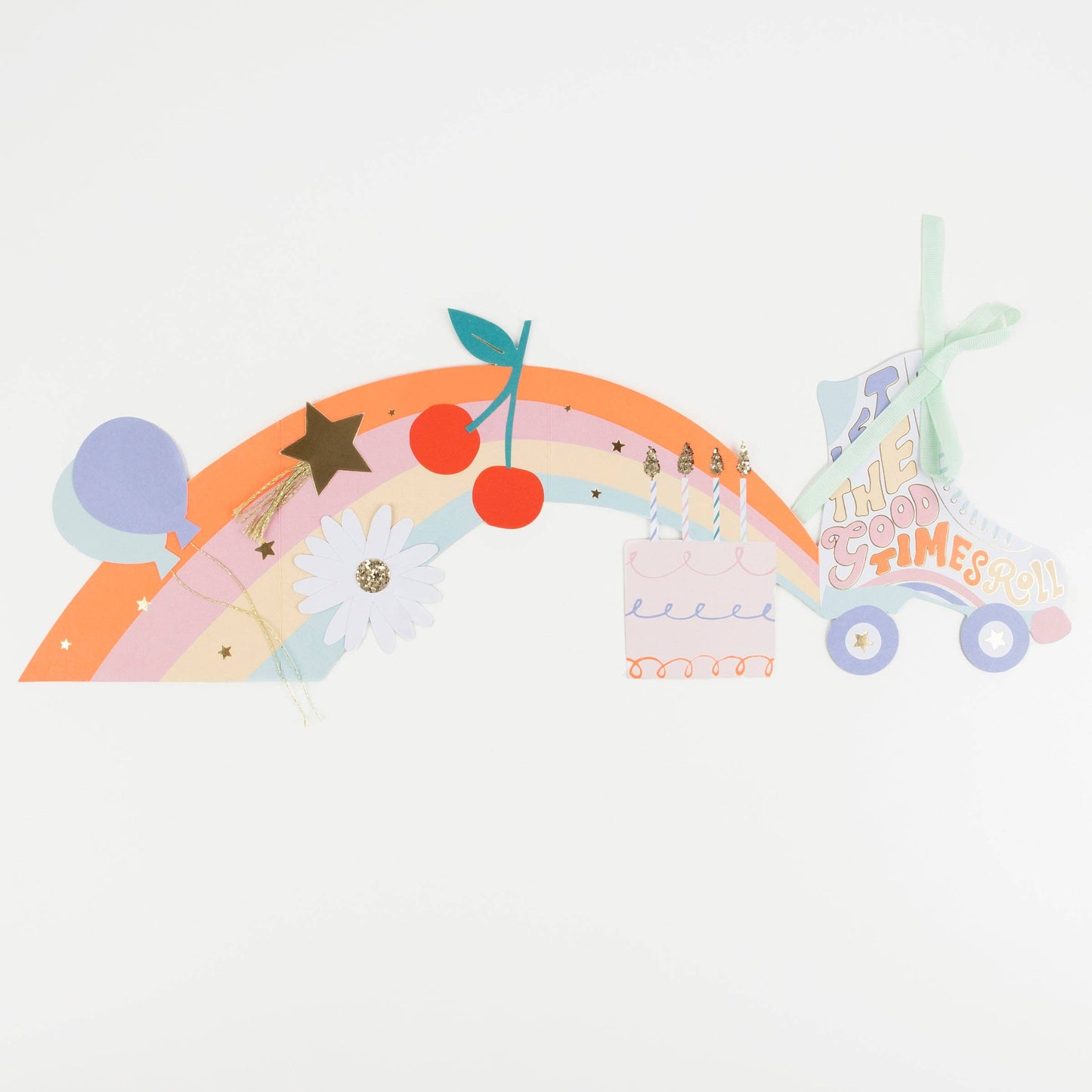 Colorful children's banner with rainbow, car, and various elements on a white background