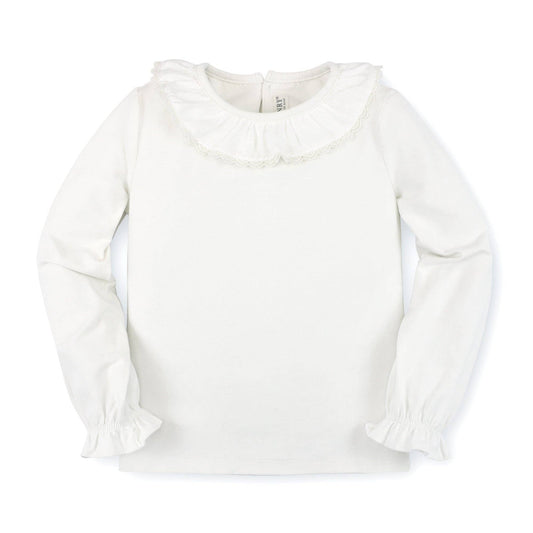 White blouse with ruffled collar and long sleeves on a white background