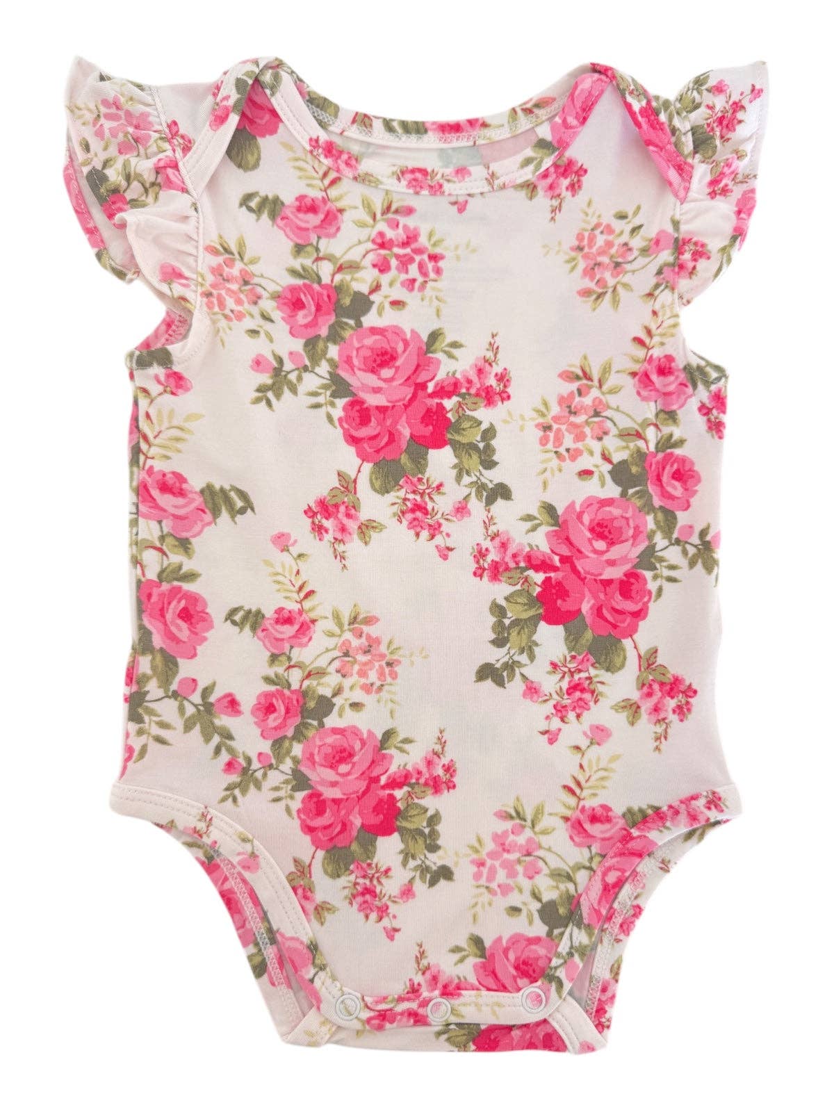 Floral-patterned baby onesie with ruffled sleeves on a white background