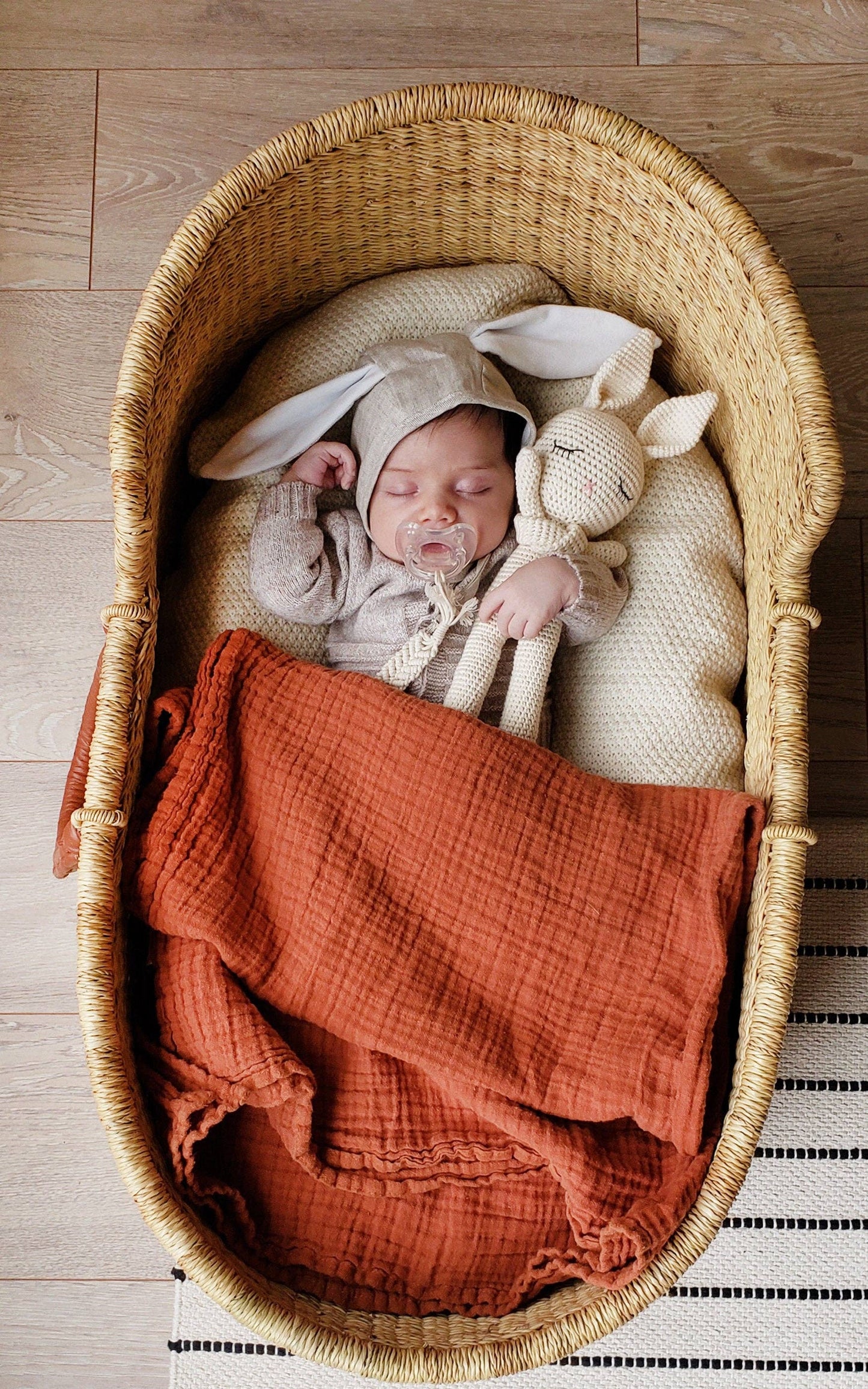 Newborn baby in a wicker crib with a red blanket, rabbit hat, and toy on a wooden floor.