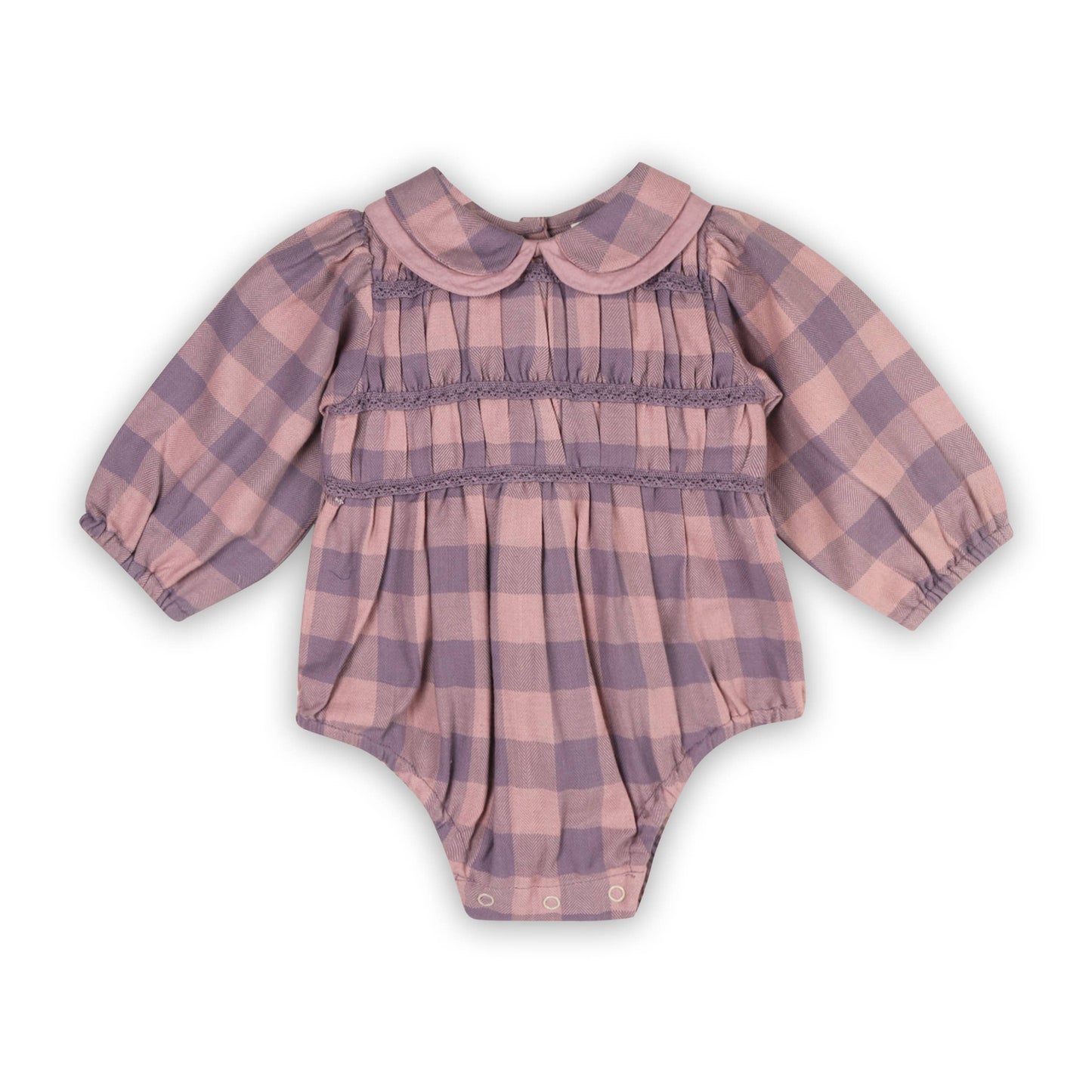 Pink and purple checkered baby romper with a collar on a white background