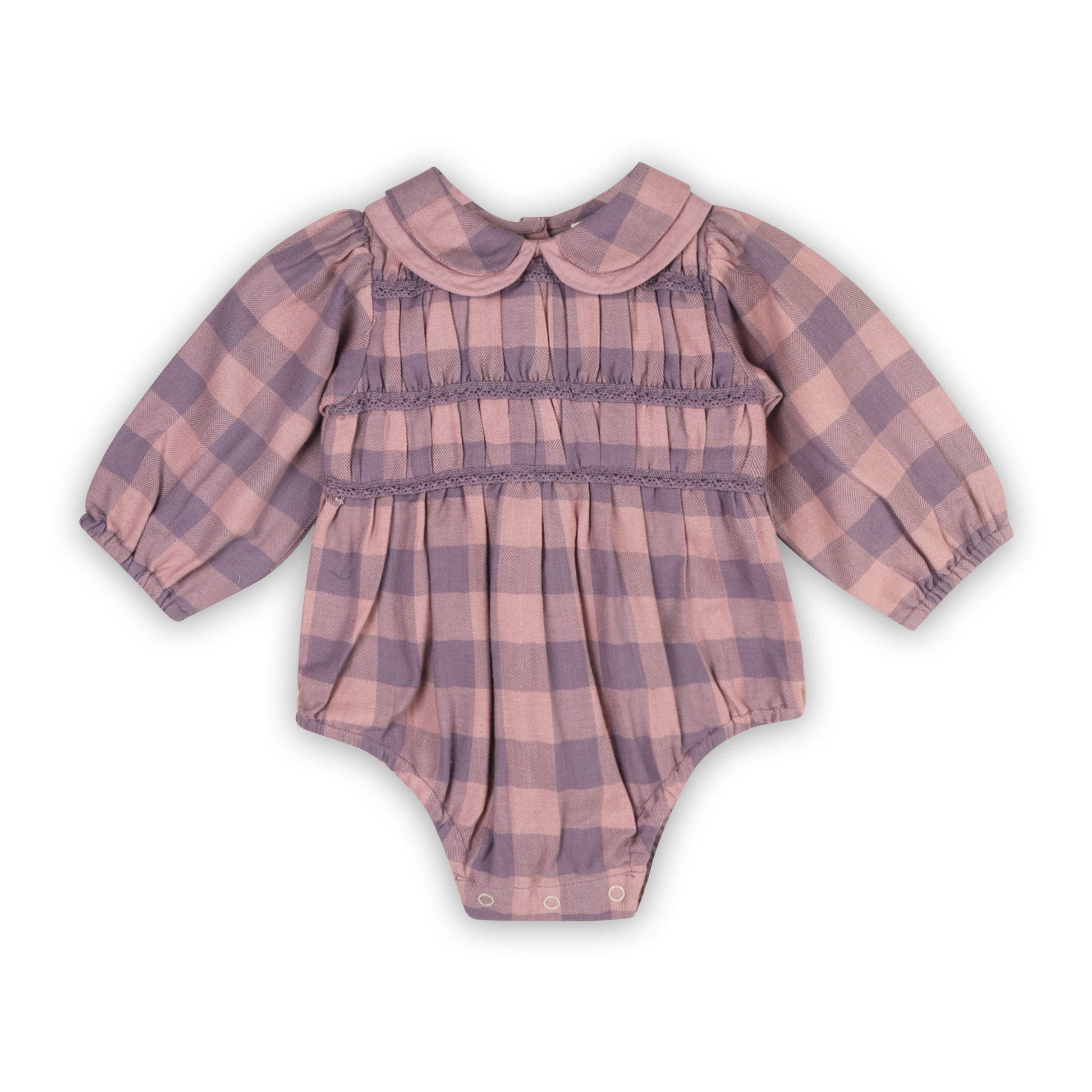 Pink and purple checkered baby romper with a collar on a white background