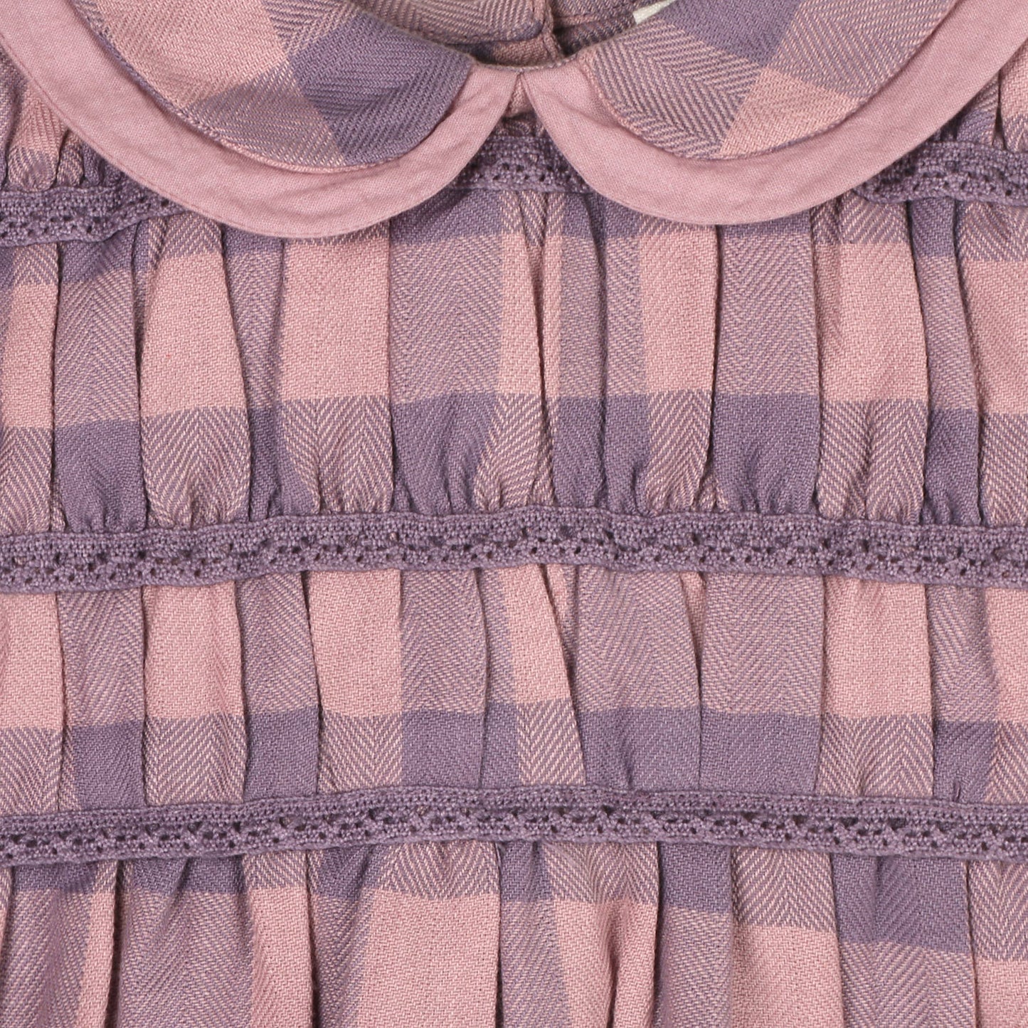 Close-up of a pink and purple checkered fabric with lace trim